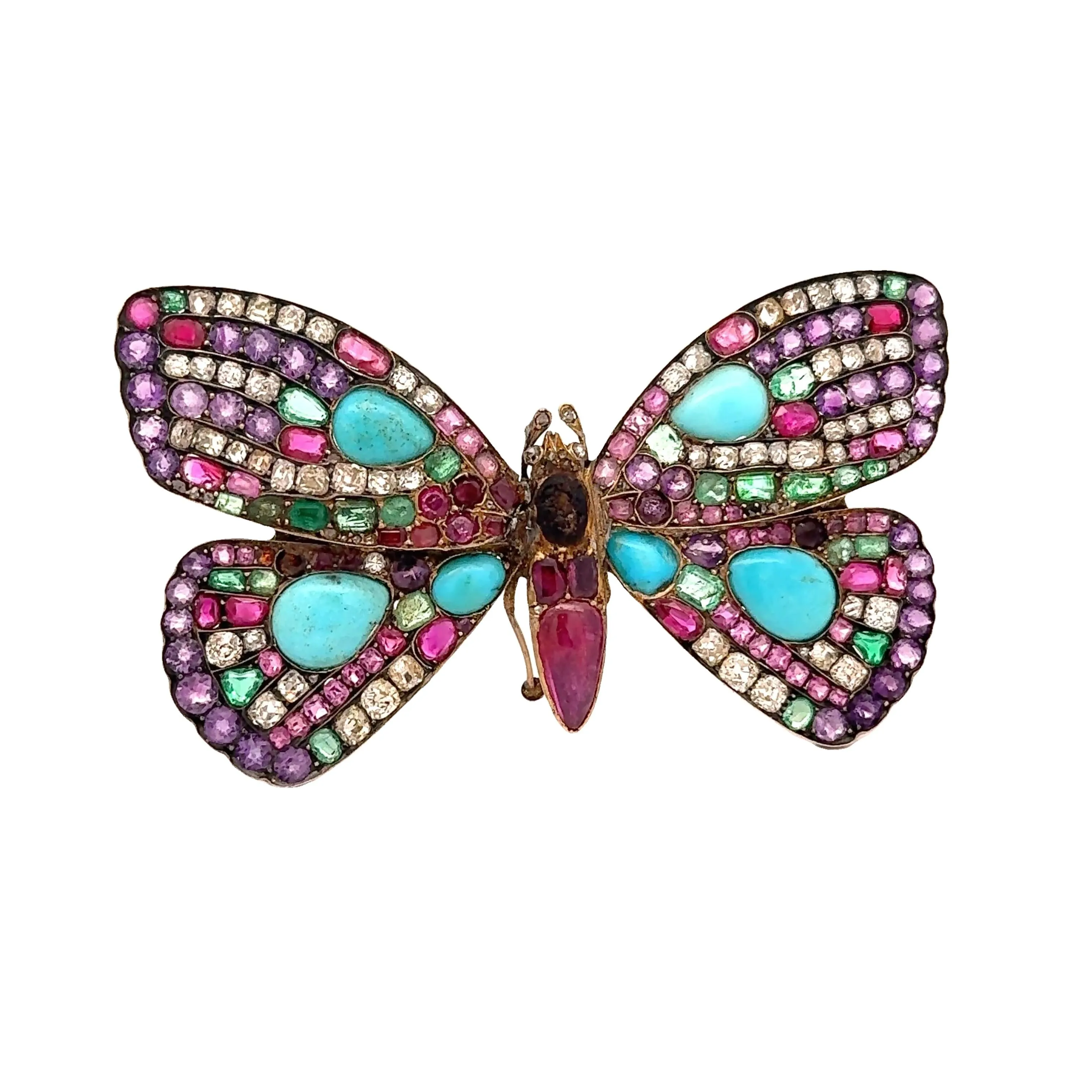 Antique Multi-colored Gemstones Diamond Silver-Topped 14k Yellow Gold Butterfly