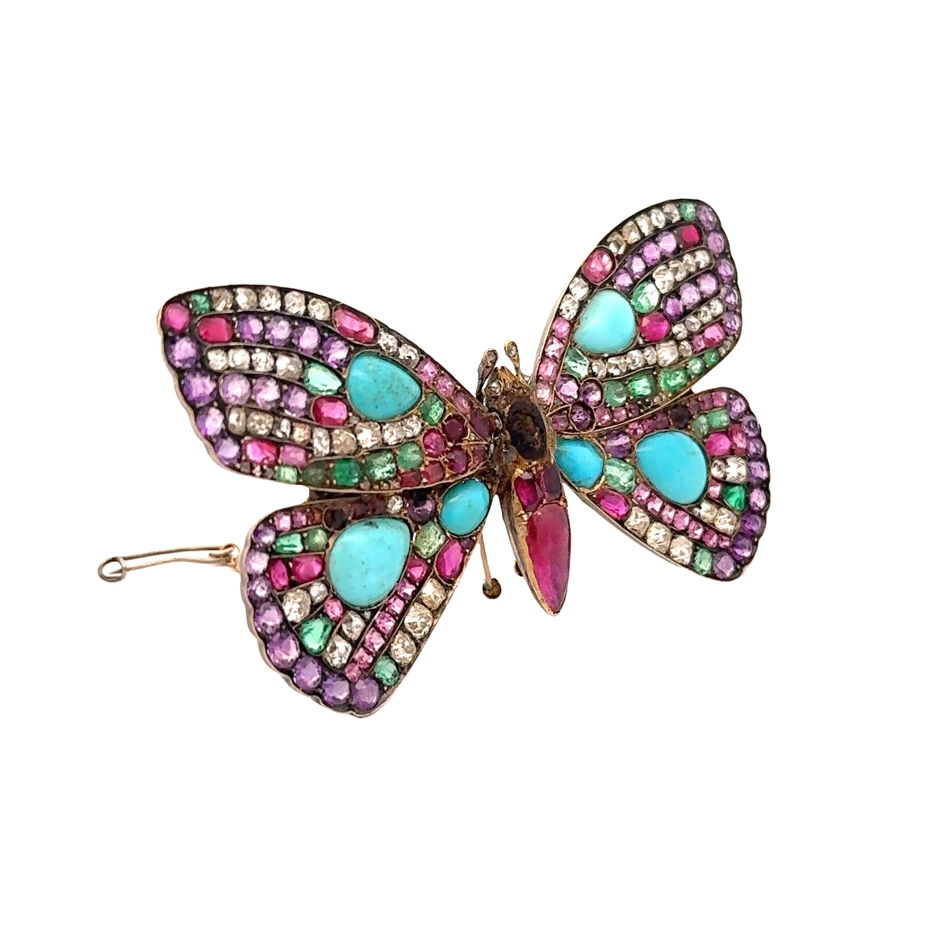 Antique Multi-colored Gemstones Diamond Silver-Topped 14k Yellow Gold Butterfly