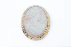 Antique Pink Shell Cameo Large Brooch 14k 585 Yellow Gold Greek Goddess Carving