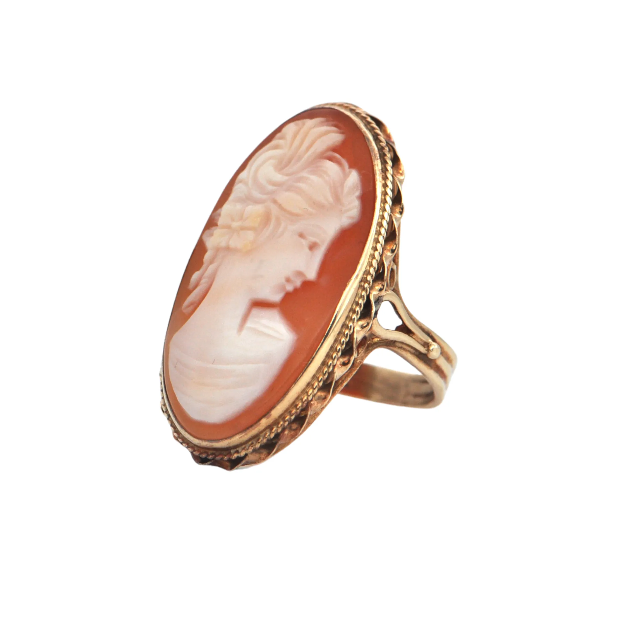 Antique Shell Cameo Elongated 14K Gold Ring