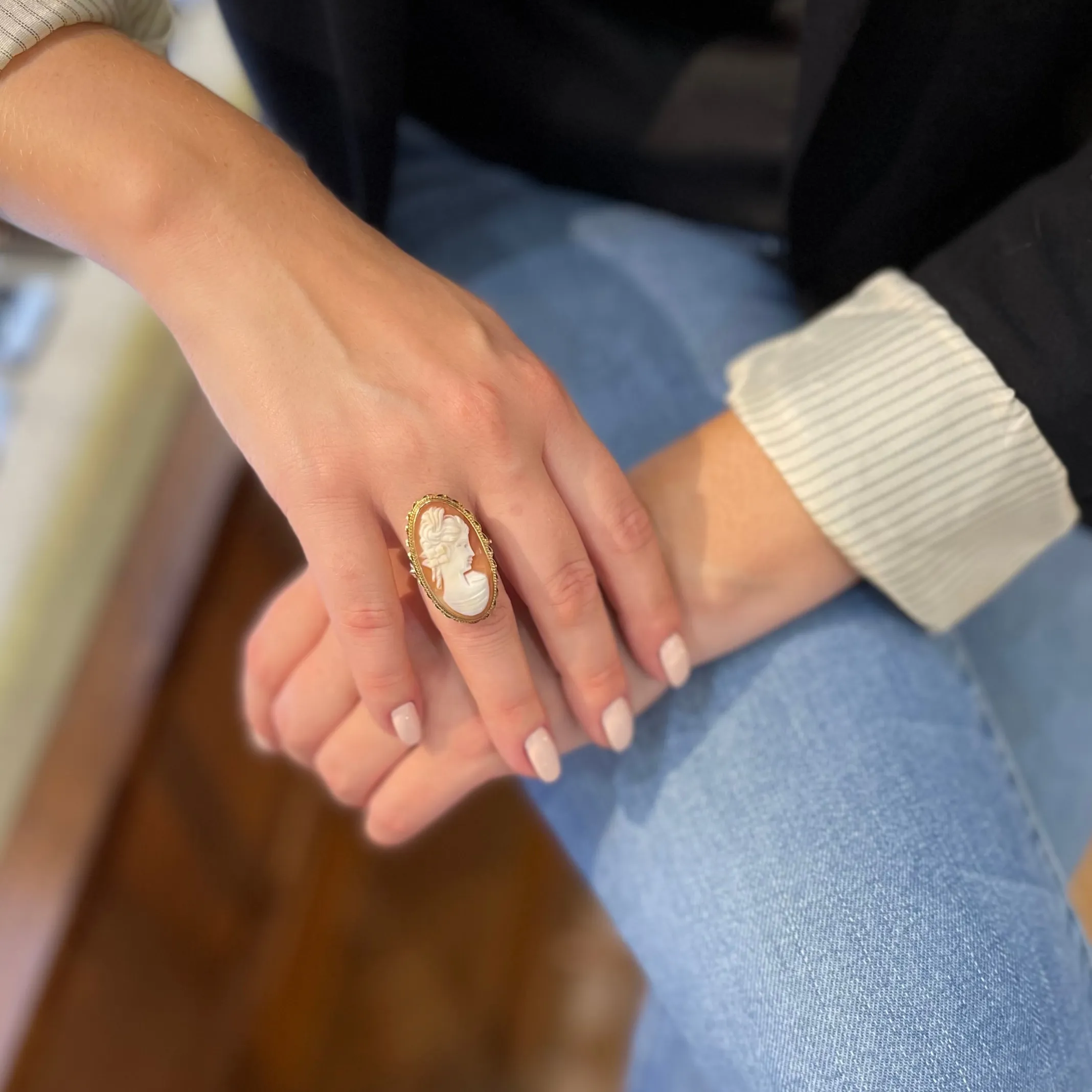 Antique Shell Cameo Elongated 14K Gold Ring