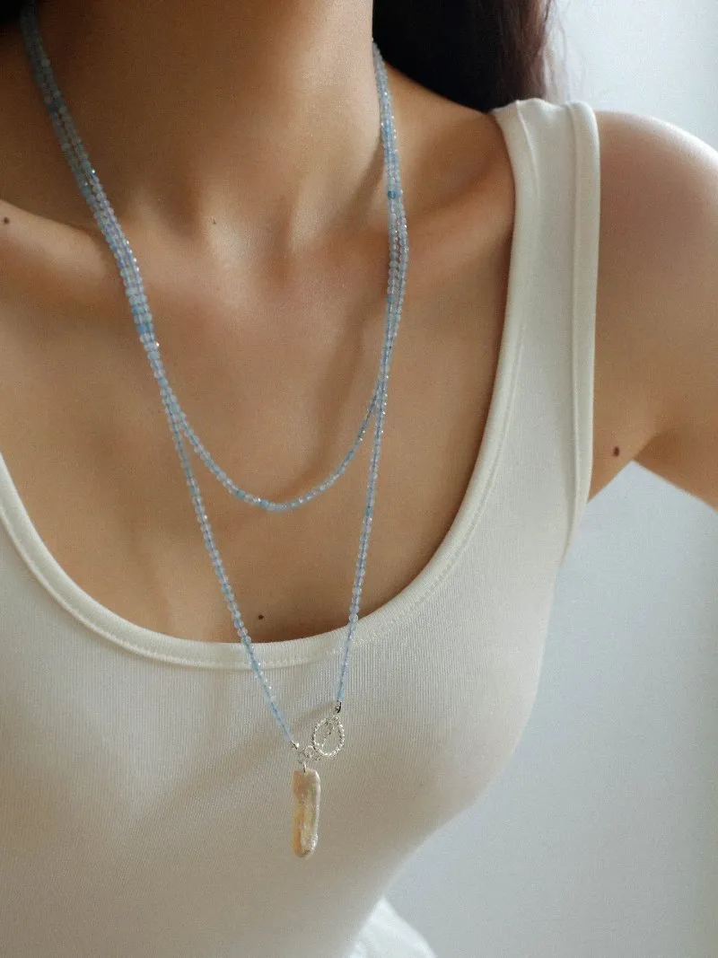 Aquamarine Toothpick Baroque Pearl OT Clasp Pendant Necklace