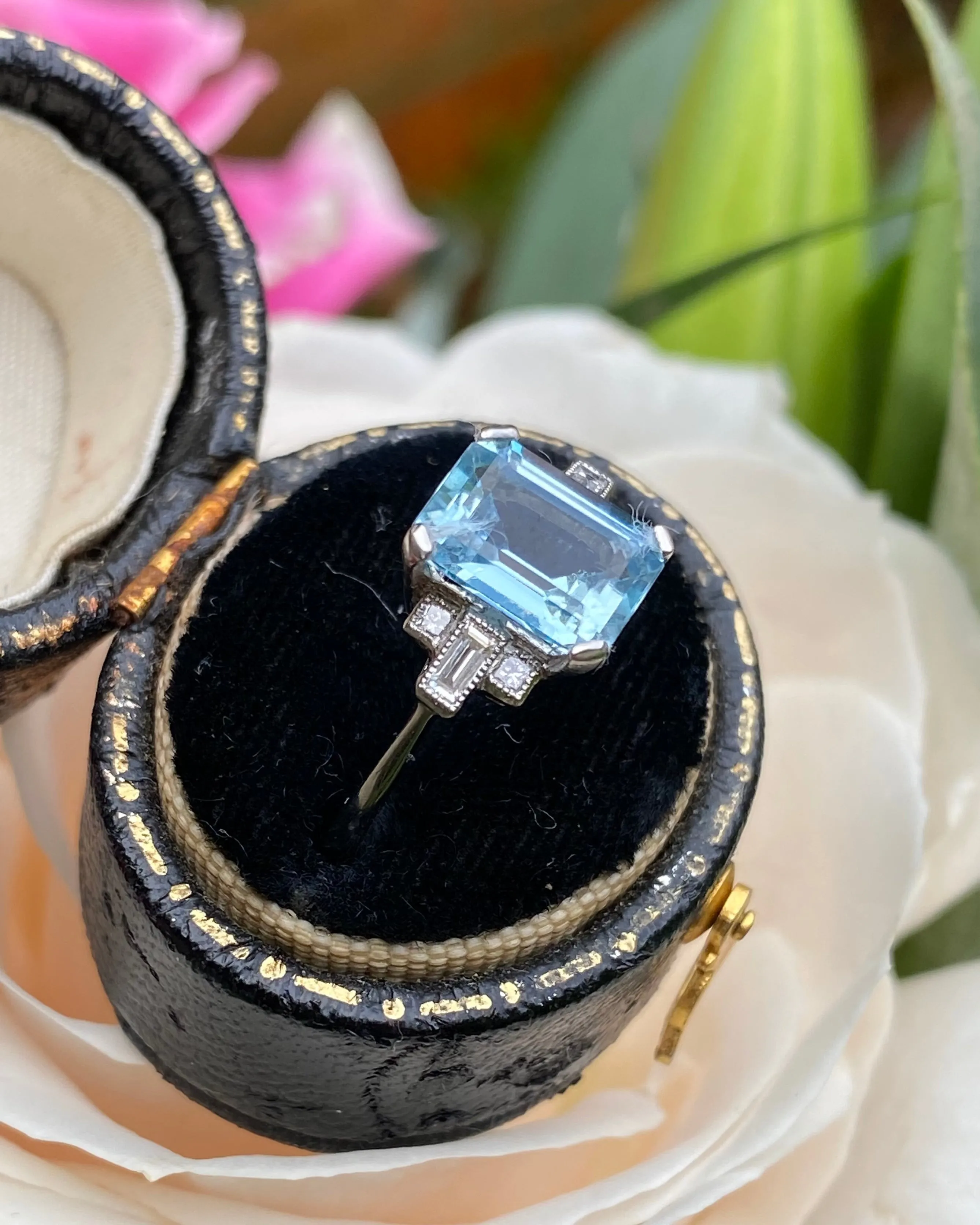Art Deco Aquamarine and Diamond Platinum Ring 0.15ct   1.75ct