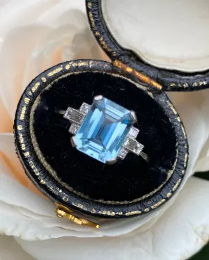 Art Deco Aquamarine and Diamond Platinum Ring 0.15ct   1.75ct