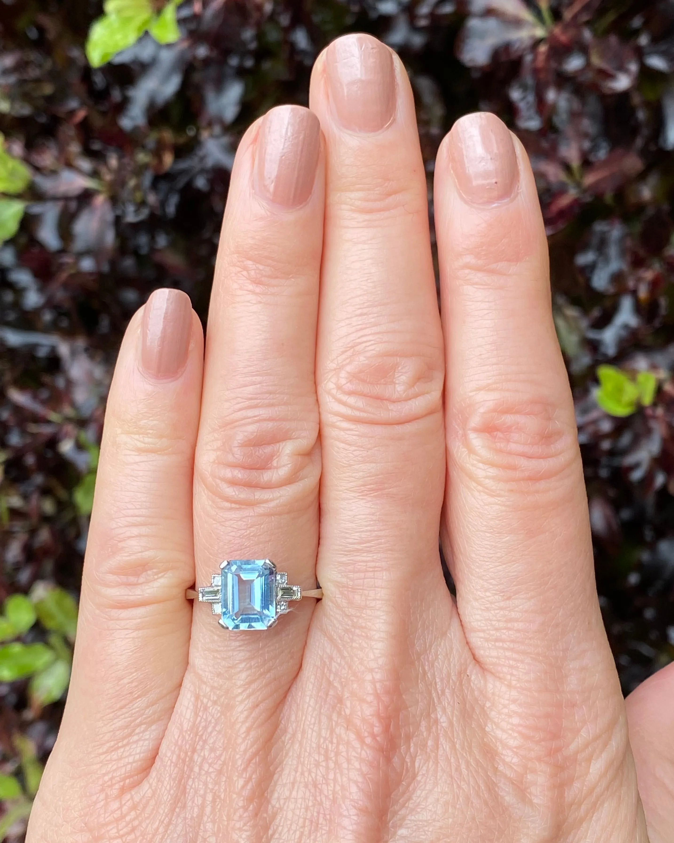 Art Deco Aquamarine and Diamond Platinum Ring 0.15ct   1.75ct