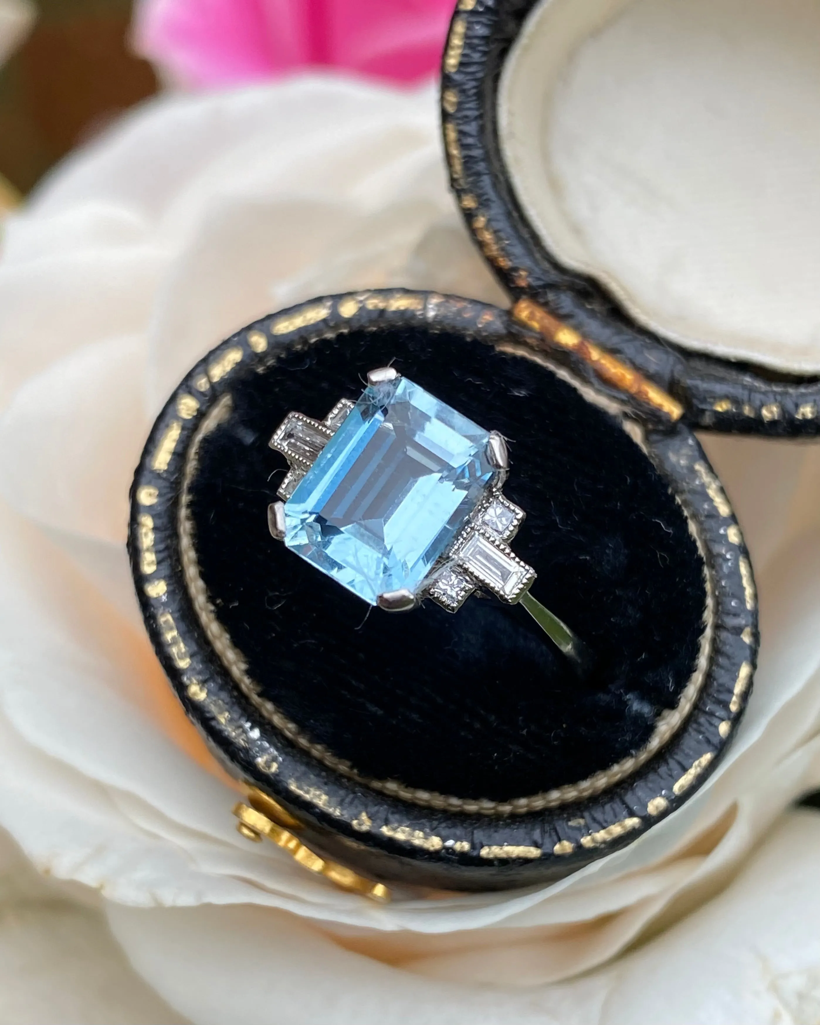 Art Deco Aquamarine and Diamond Platinum Ring 0.15ct   1.75ct