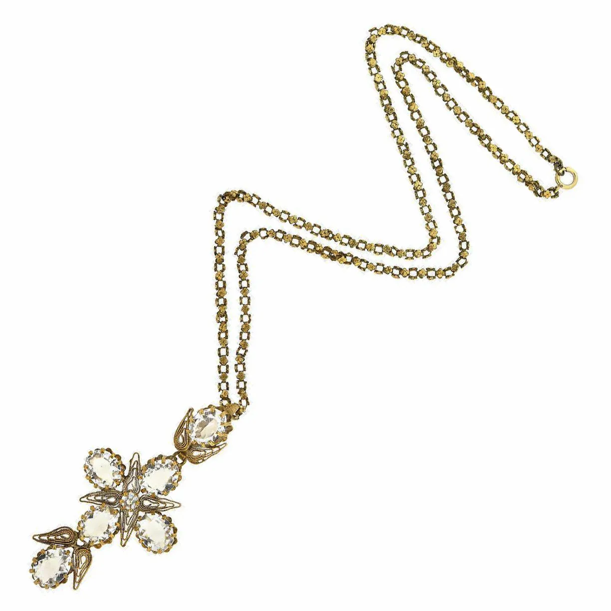 Art Deco Brass   Glass Large Cross Pendant Necklace