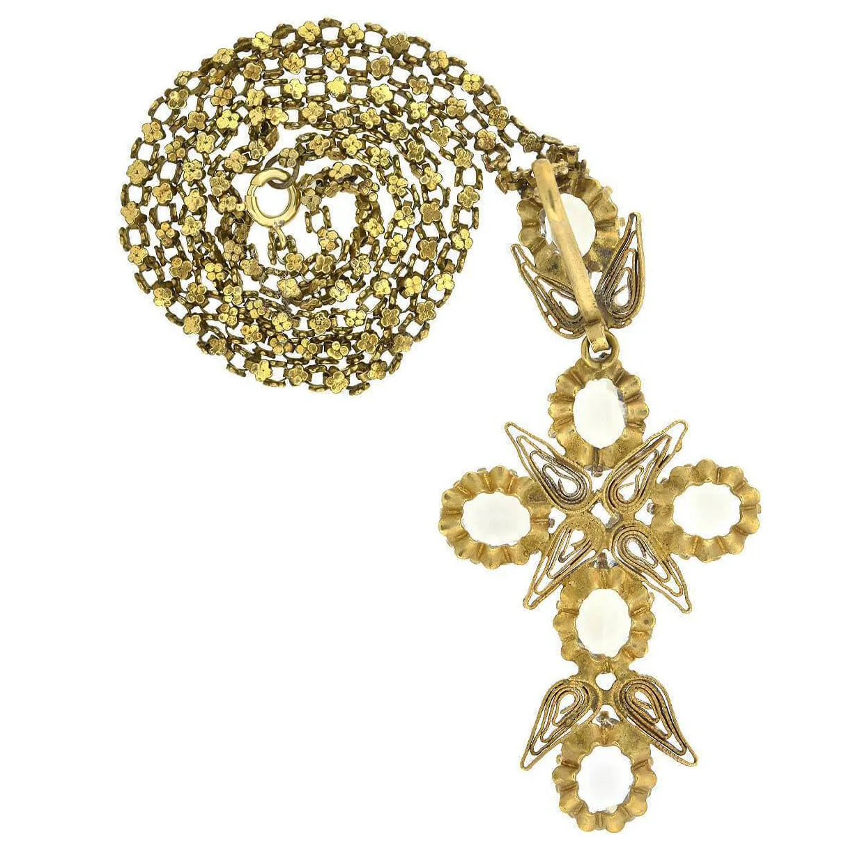 Art Deco Brass   Glass Large Cross Pendant Necklace