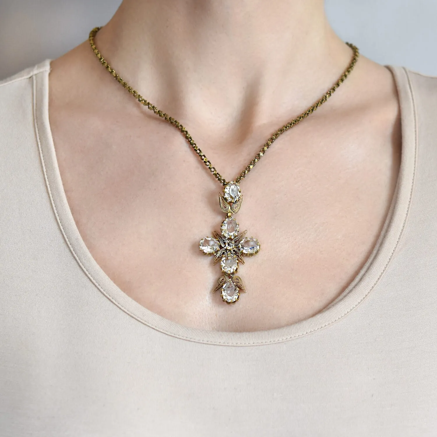 Art Deco Brass   Glass Large Cross Pendant Necklace