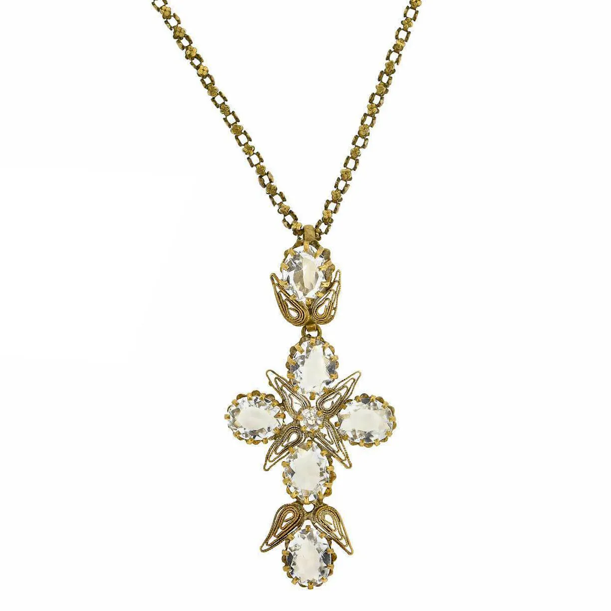 Art Deco Brass   Glass Large Cross Pendant Necklace