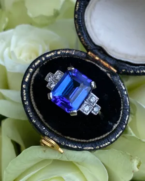 Art Deco Tanzanite and Diamond Platinum Ring 0.18ct   3.12ct