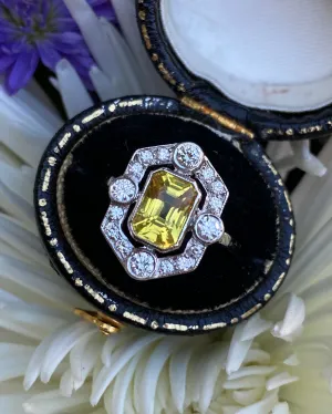 Art Deco Yellow Sapphire and Diamond Cluster Platinum Ring 0.50ct   1.50ct