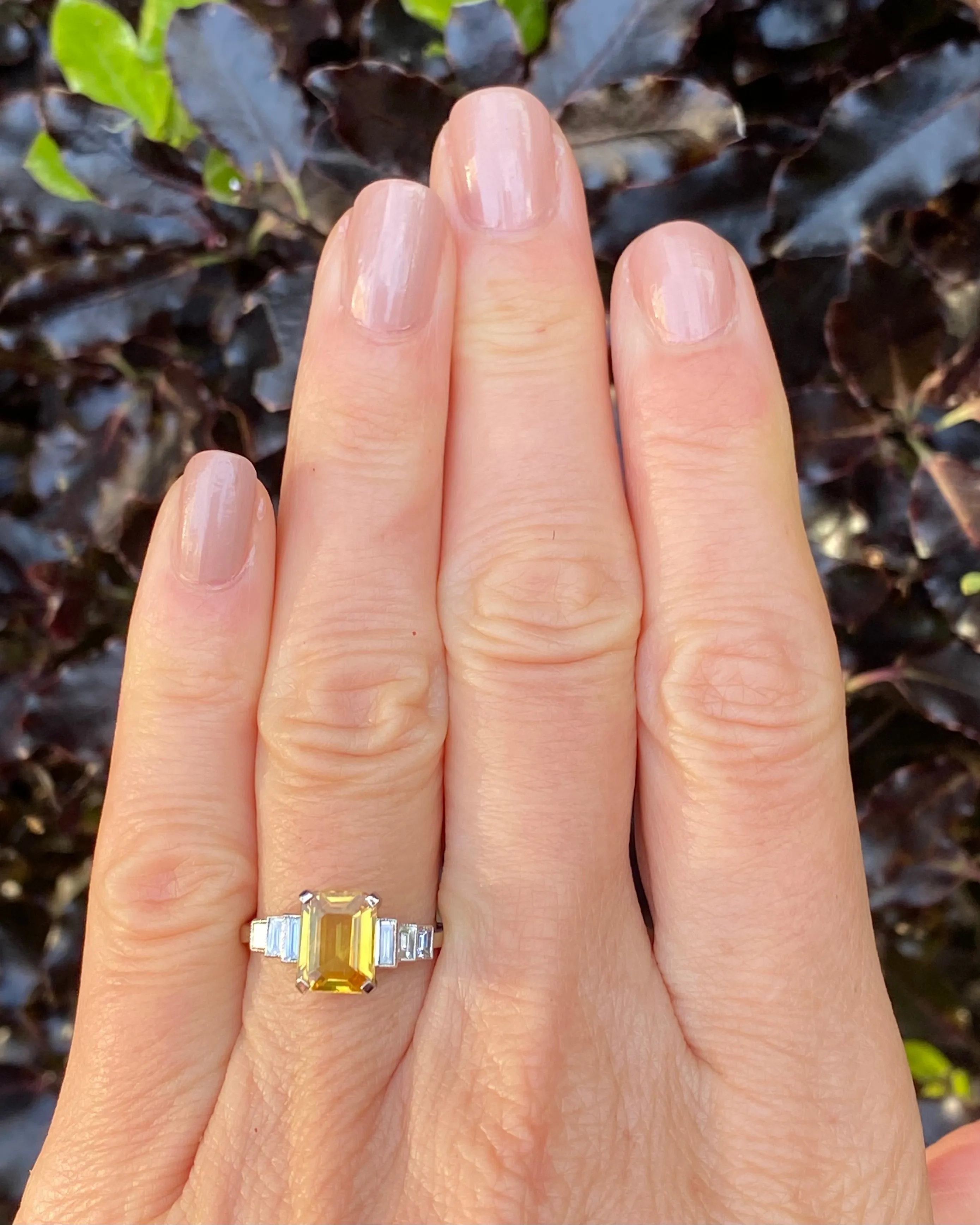 Art Deco Yellow Sapphire and Diamond Platinum Ring 0.35ct   2.25ct
