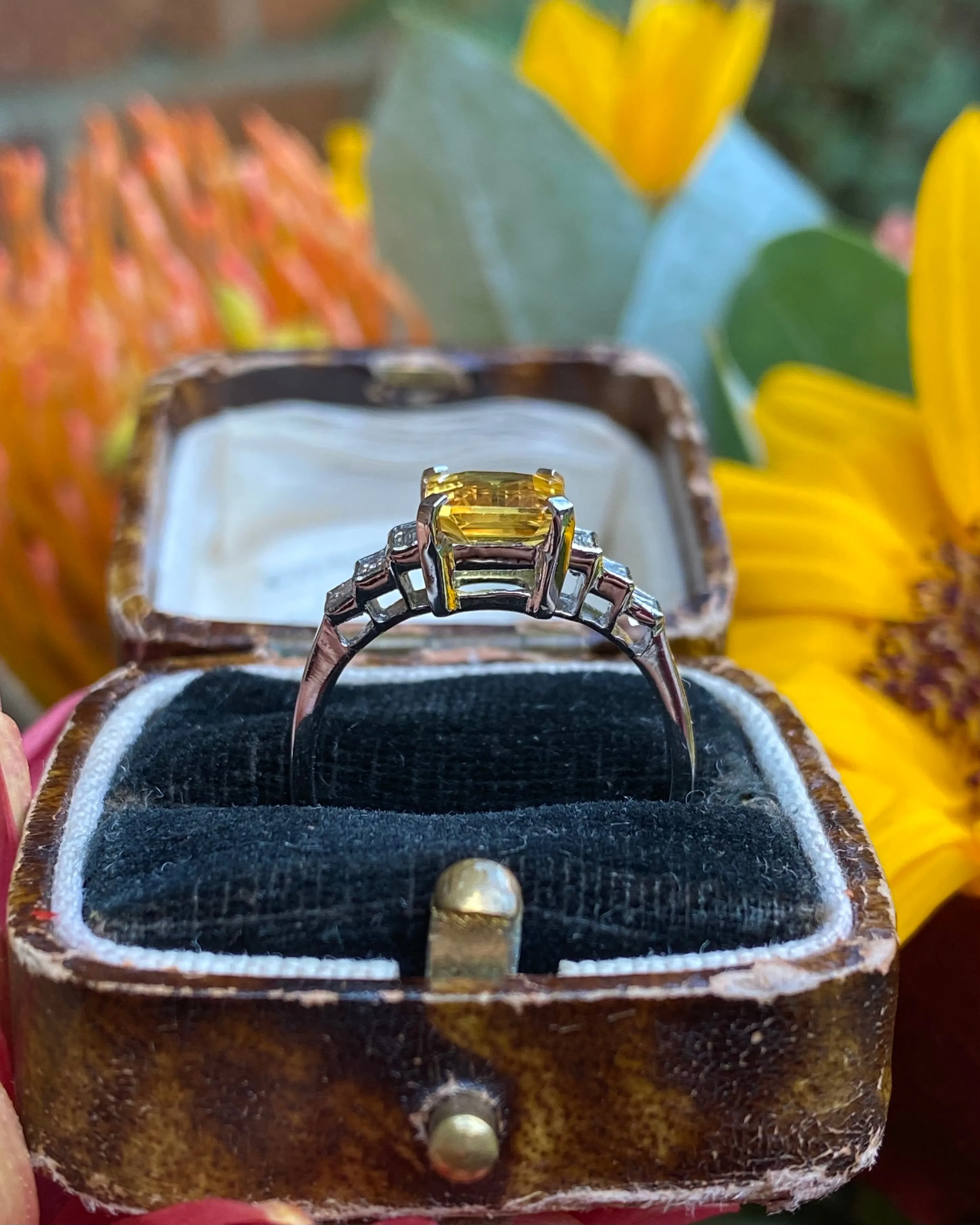 Art Deco Yellow Sapphire and Diamond Platinum Ring 0.35ct   2.25ct