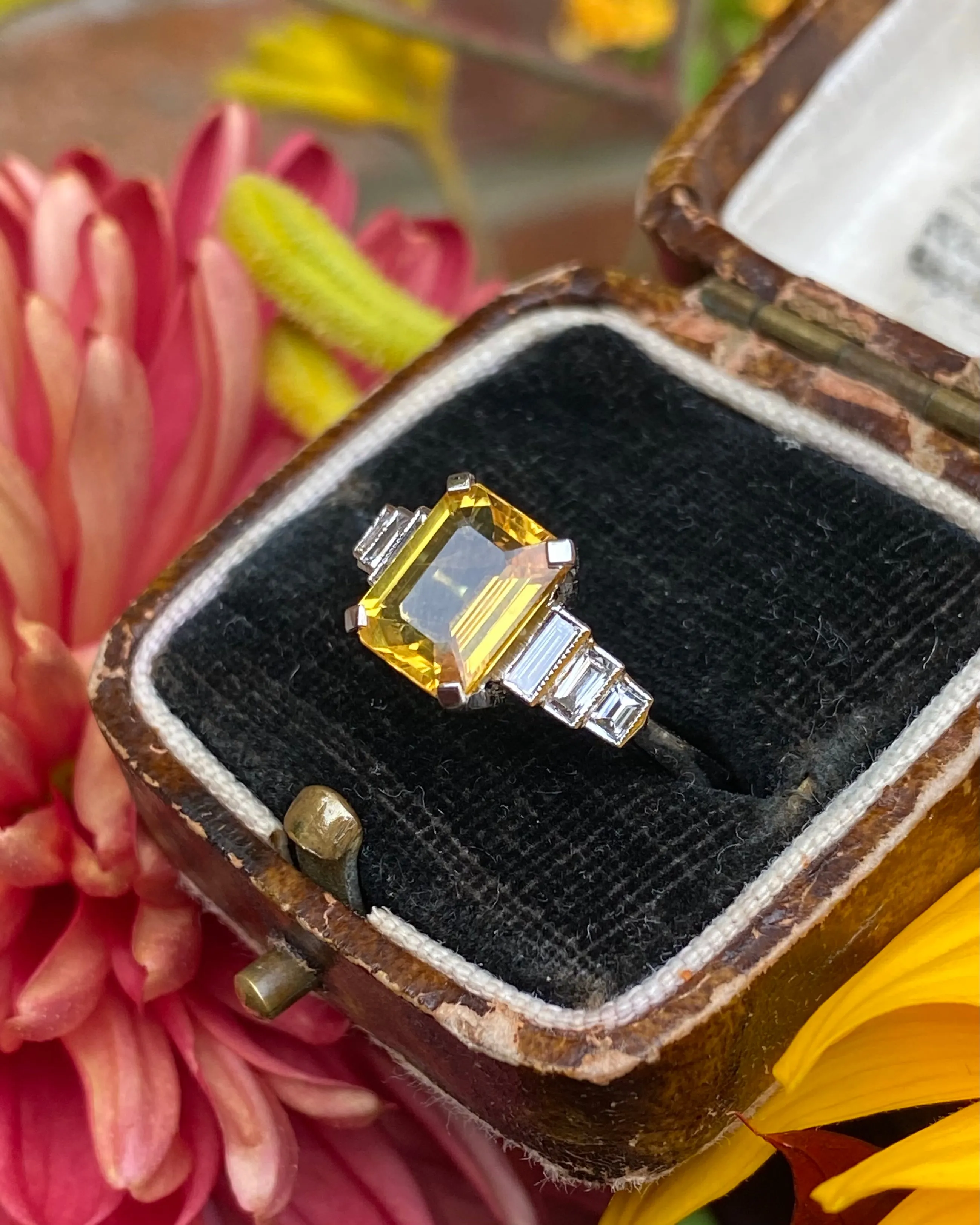 Art Deco Yellow Sapphire and Diamond Platinum Ring 0.35ct   2.25ct