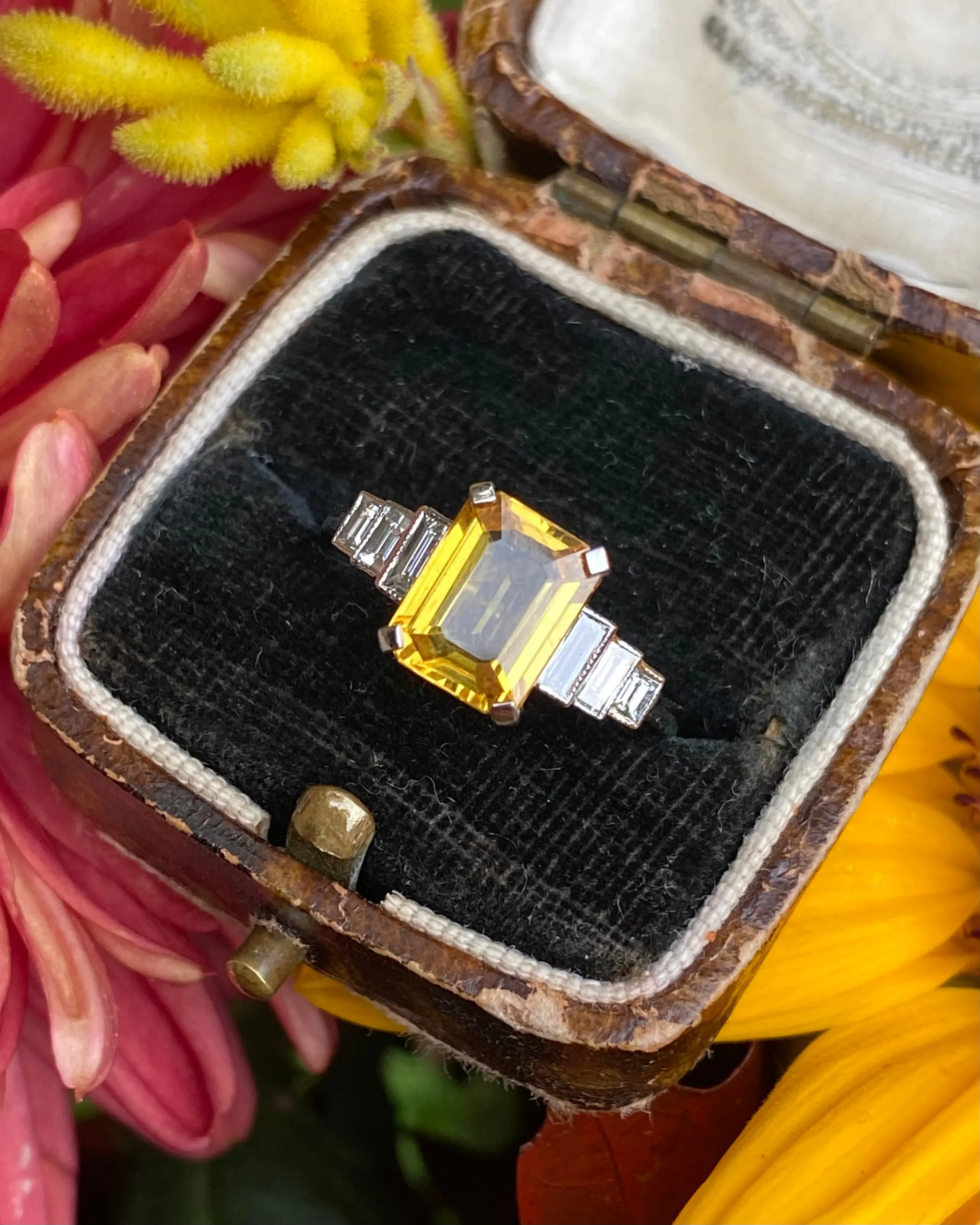 Art Deco Yellow Sapphire and Diamond Platinum Ring 0.35ct   2.25ct