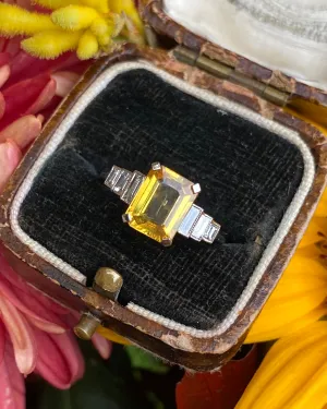 Art Deco Yellow Sapphire and Diamond Platinum Ring 0.35ct   2.25ct