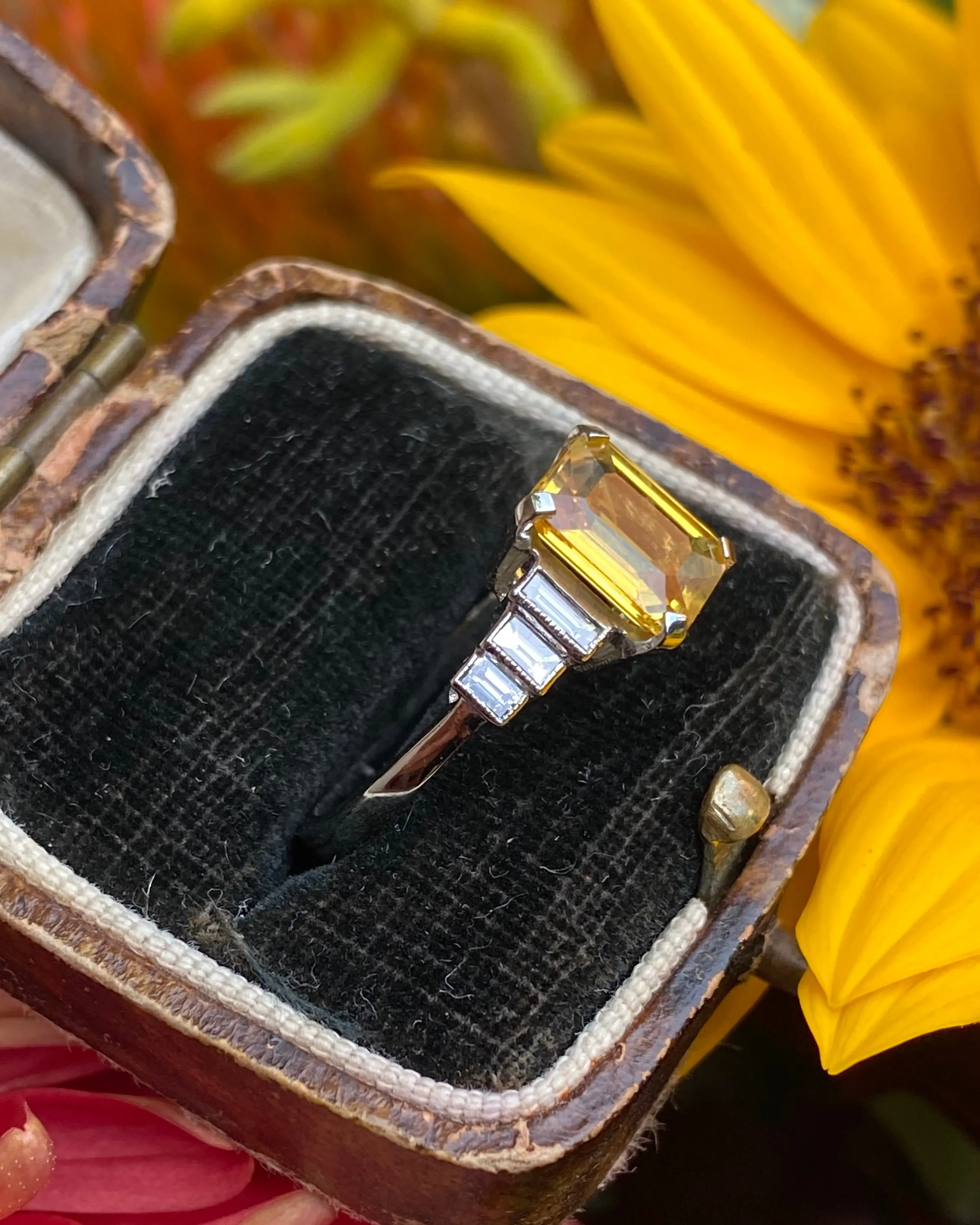 Art Deco Yellow Sapphire and Diamond Platinum Ring 0.35ct   2.25ct