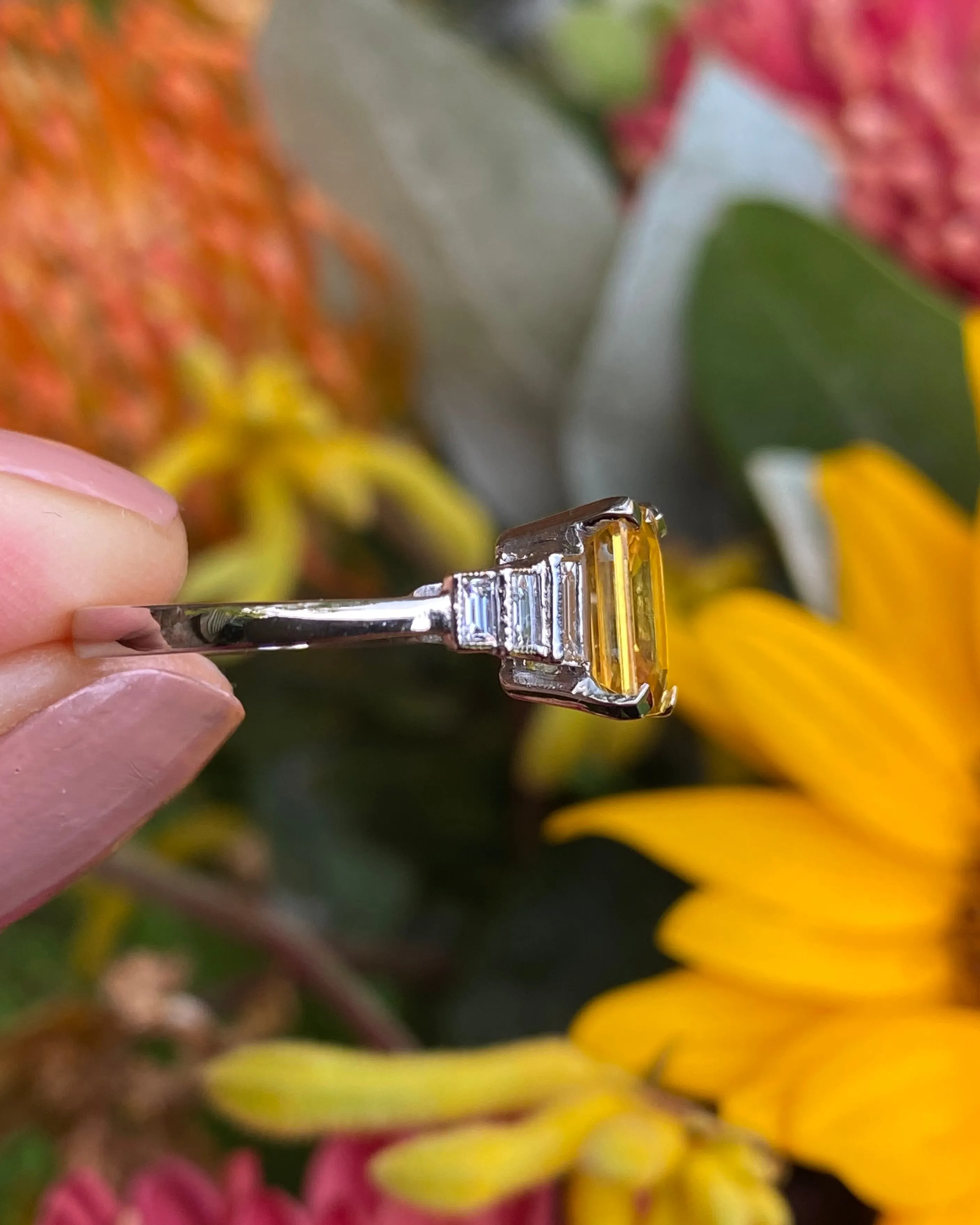 Art Deco Yellow Sapphire and Diamond Platinum Ring 0.35ct   2.25ct
