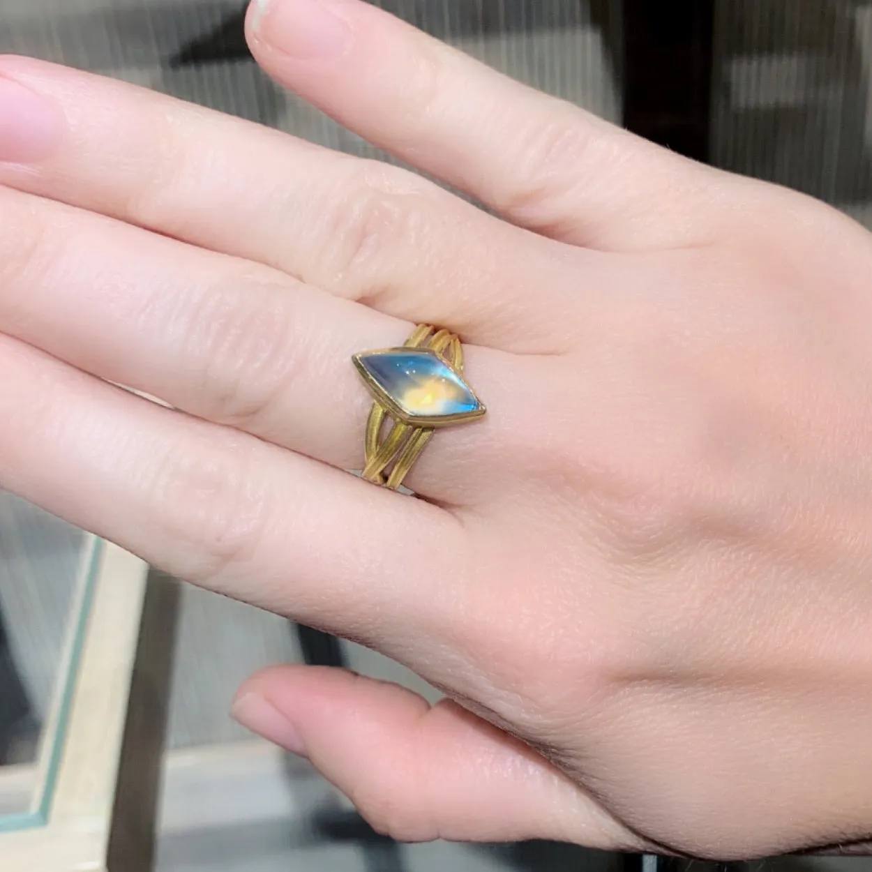 Barbara Heinrich Ethereal Rainbow Moonstone Gold Ribbon Wrap One of a Kind Ring