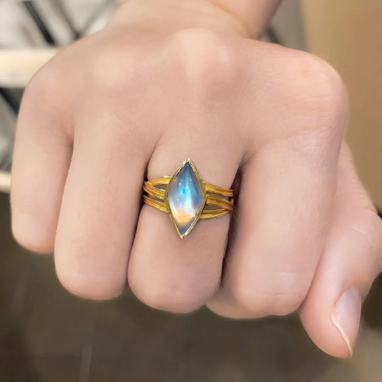 Barbara Heinrich Ethereal Rainbow Moonstone Gold Ribbon Wrap One of a Kind Ring