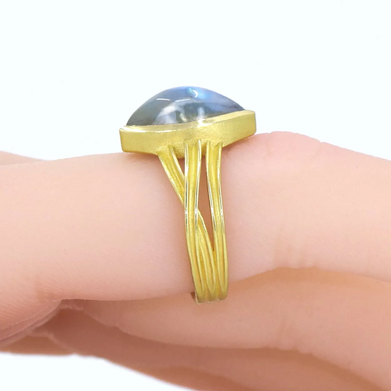 Barbara Heinrich Ethereal Rainbow Moonstone Gold Ribbon Wrap One of a Kind Ring