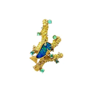 Boulder Opal & Paraiba Tourmaline Diamond 18k Yellow Gold ??Fish in Coral?? Brooch