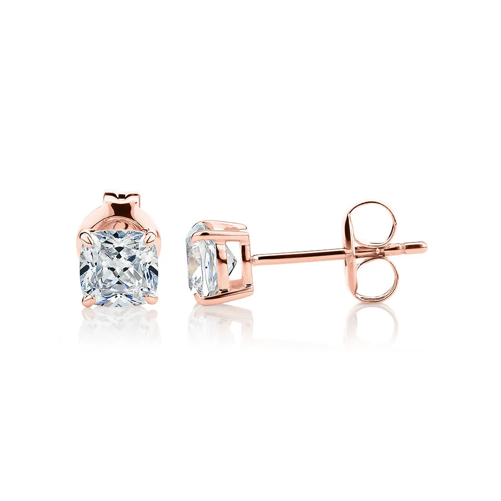 Cushion stud earrings with 1 carat* of diamond simulants in 10 carat rose gold