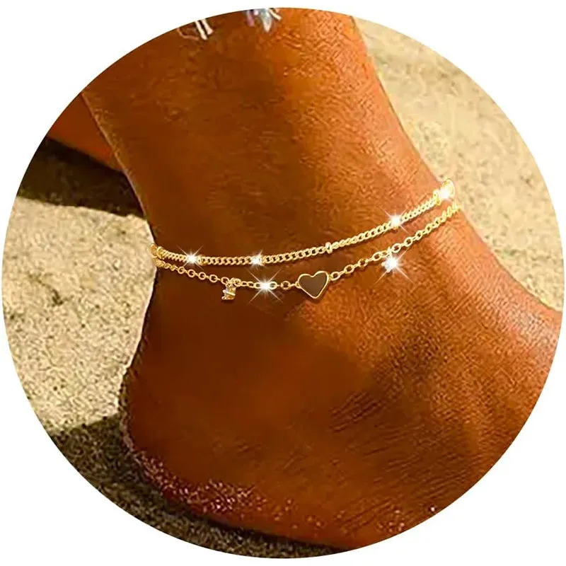Dainty Silver-Plated Heart Charm Anklet Set for Women & Girls
