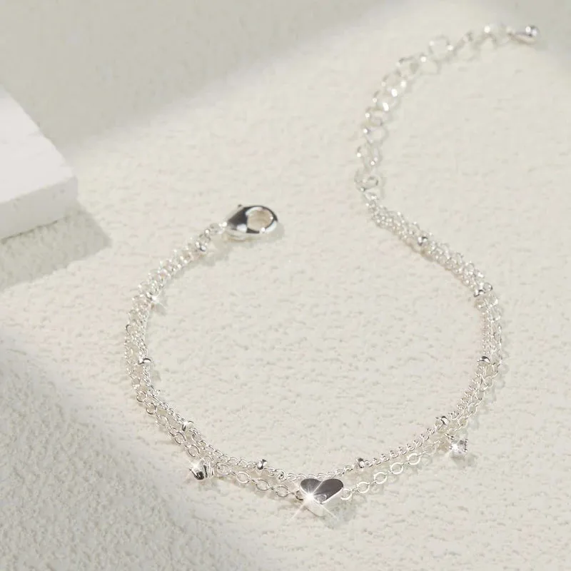Dainty Silver-Plated Heart Charm Anklet Set for Women & Girls