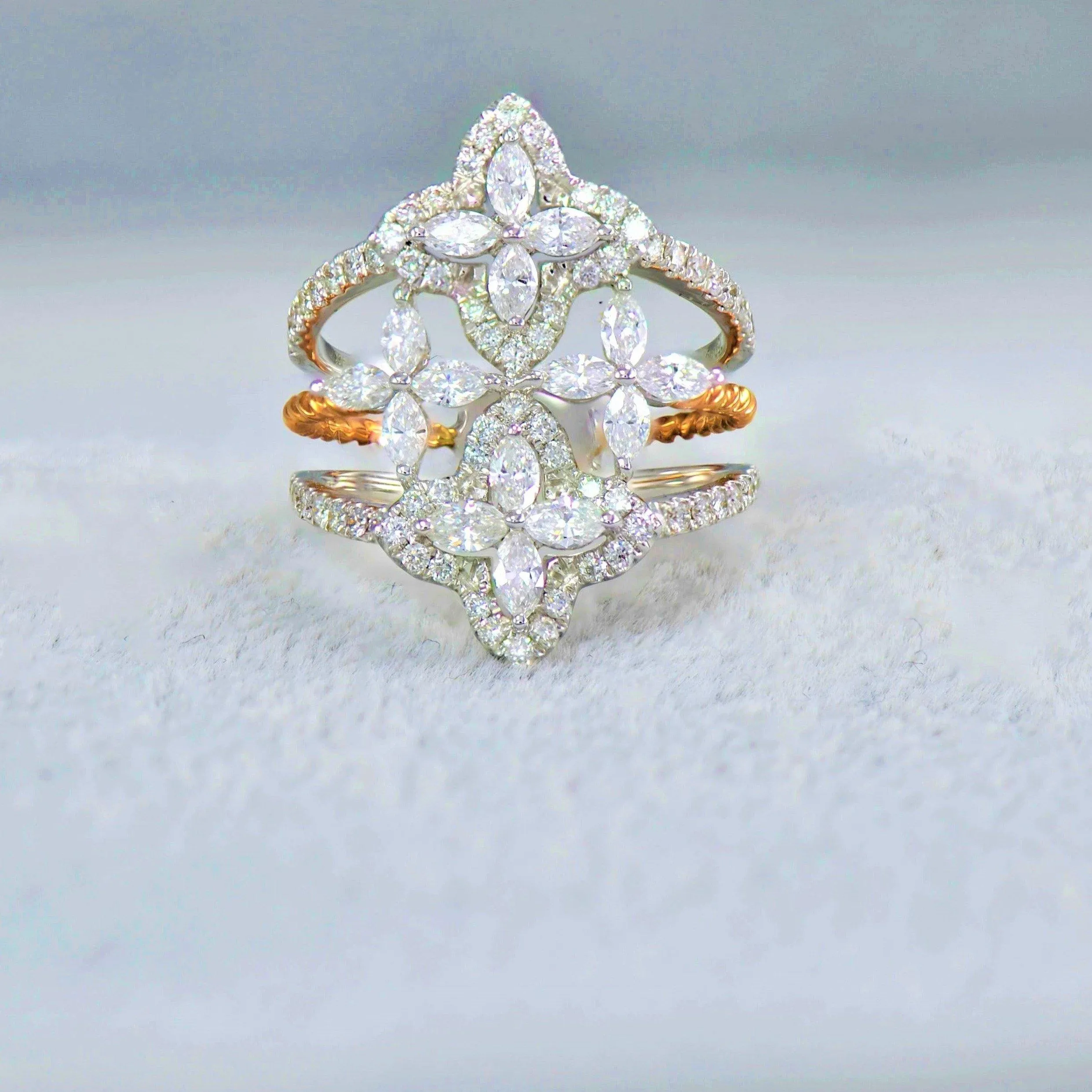 Diamond Flower Triple Rope Fashion Ring in 18k Tri-Color Gold - (#91-RGDIA 467882)