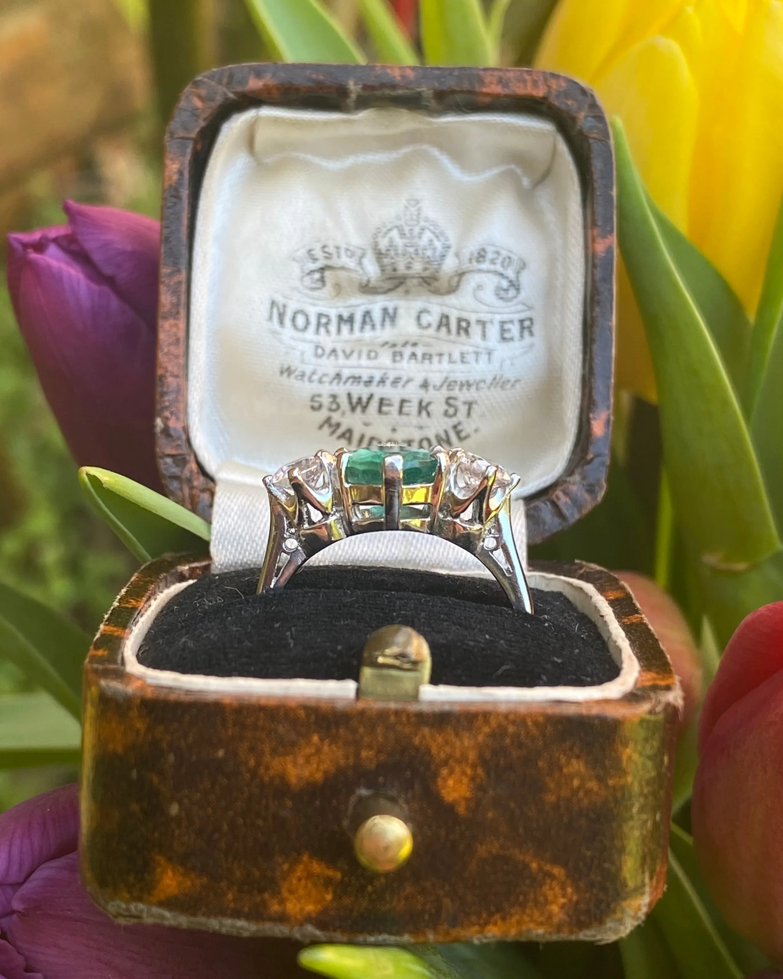 Emerald and Diamond Three Stone Platinum Ring 0.60ct   2.12ct