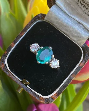 Emerald and Diamond Three Stone Platinum Ring 0.60ct   2.12ct