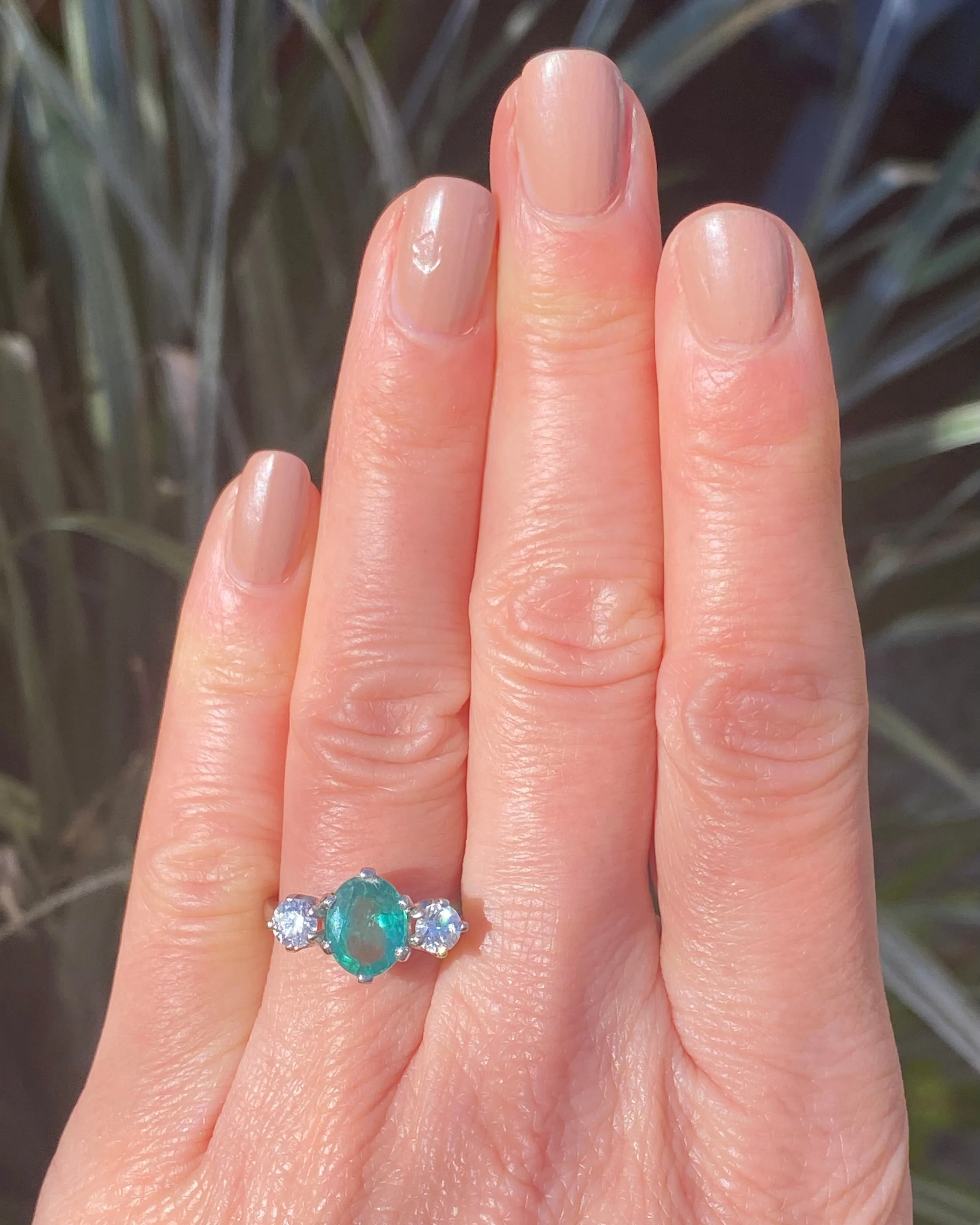 Emerald and Diamond Three Stone Platinum Ring 0.60ct   2.12ct