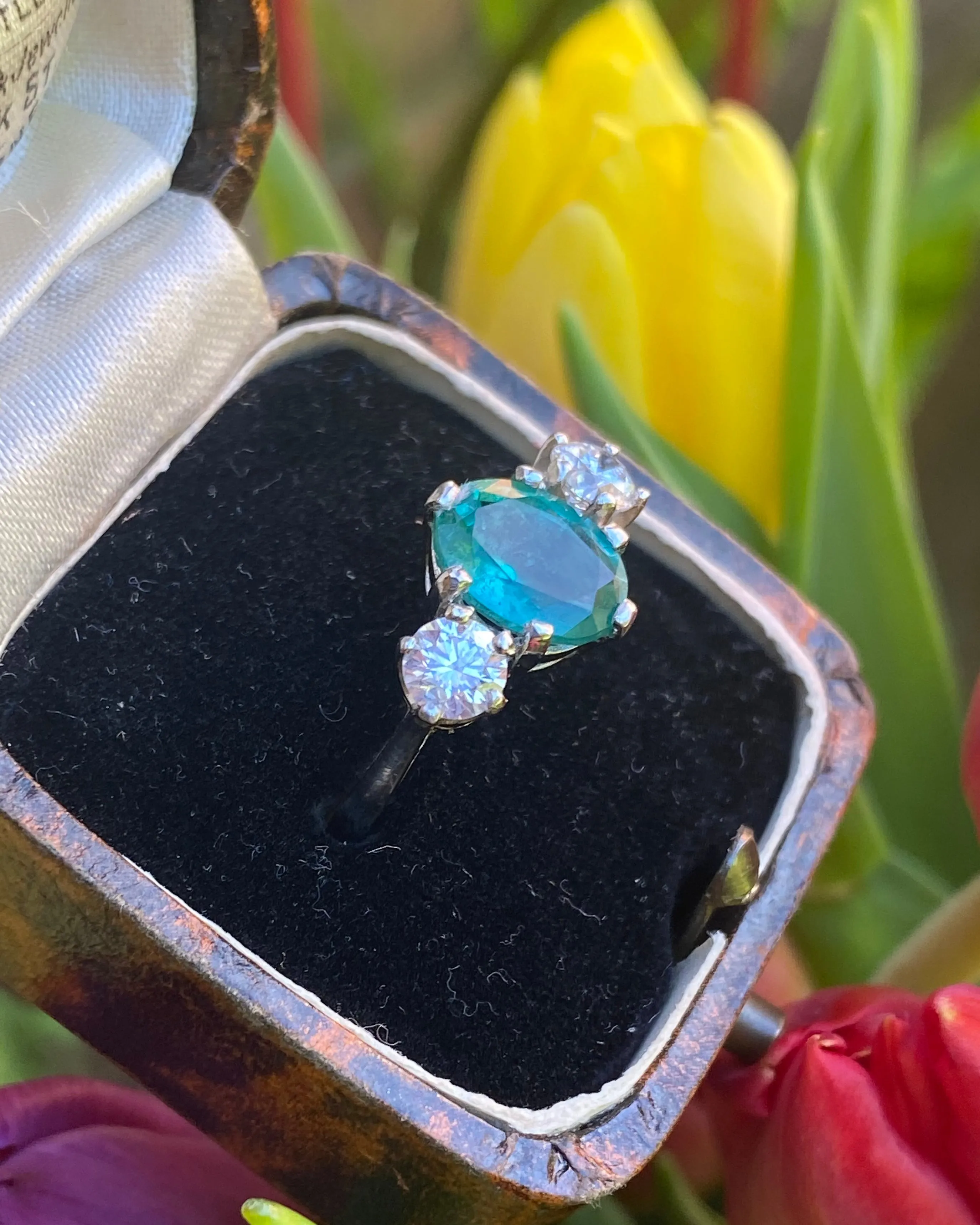 Emerald and Diamond Three Stone Platinum Ring 0.60ct   2.12ct