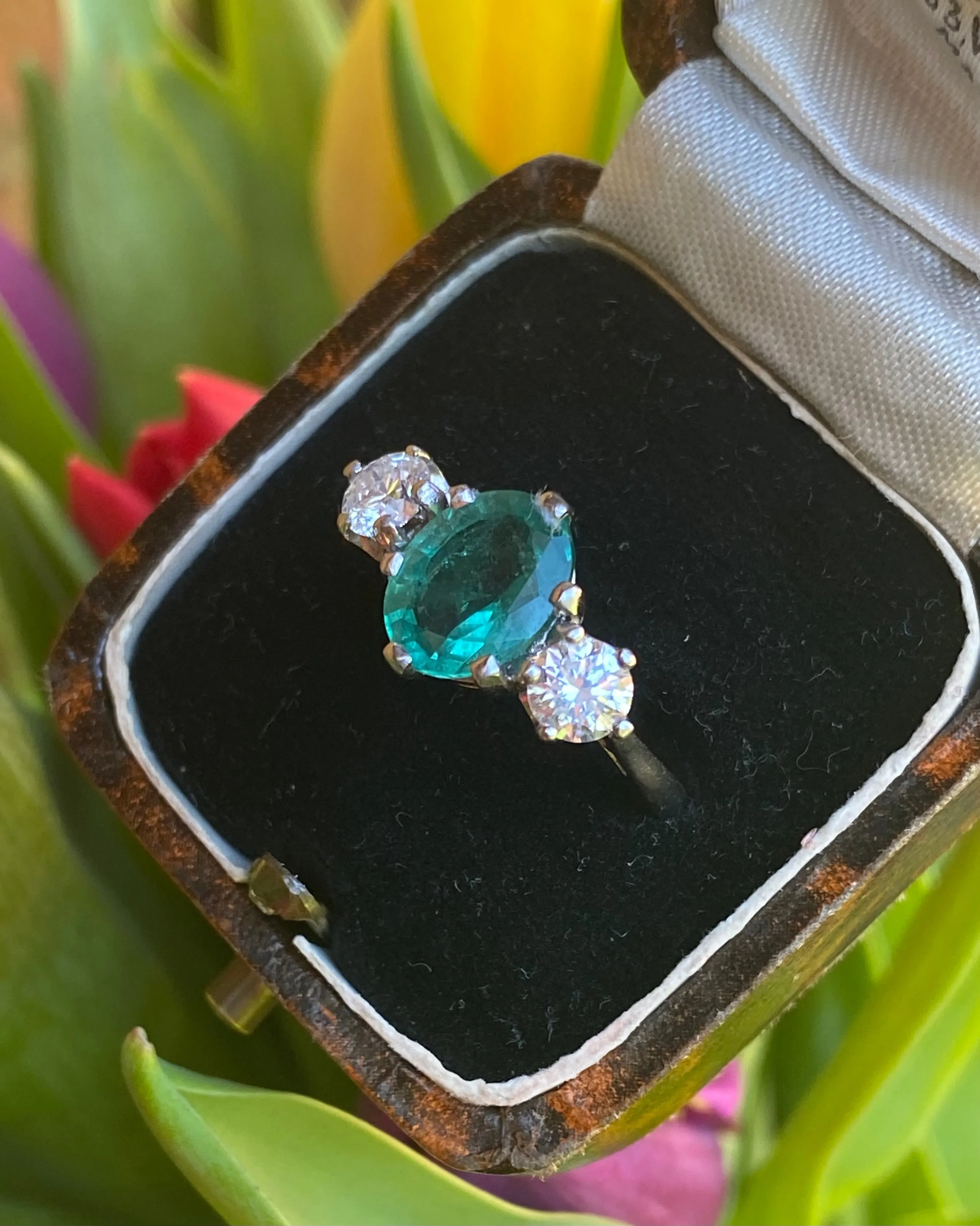Emerald and Diamond Three Stone Platinum Ring 0.60ct   2.12ct