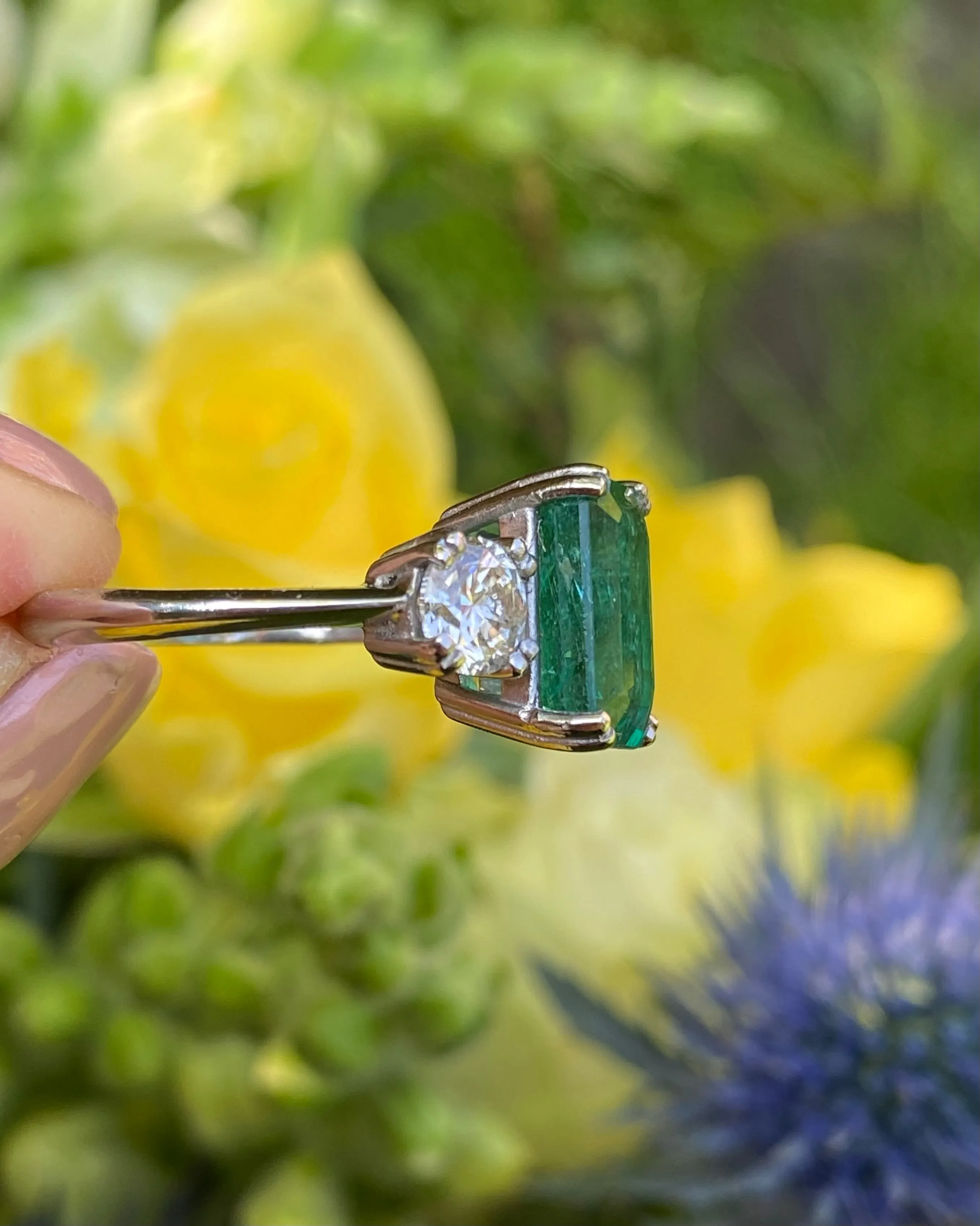 Emerald and Diamond Three Stone Platinum Ring 1.02ct   3.45ct