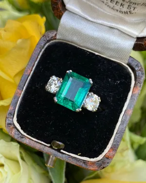 Emerald and Diamond Three Stone Platinum Ring 1.02ct   3.45ct