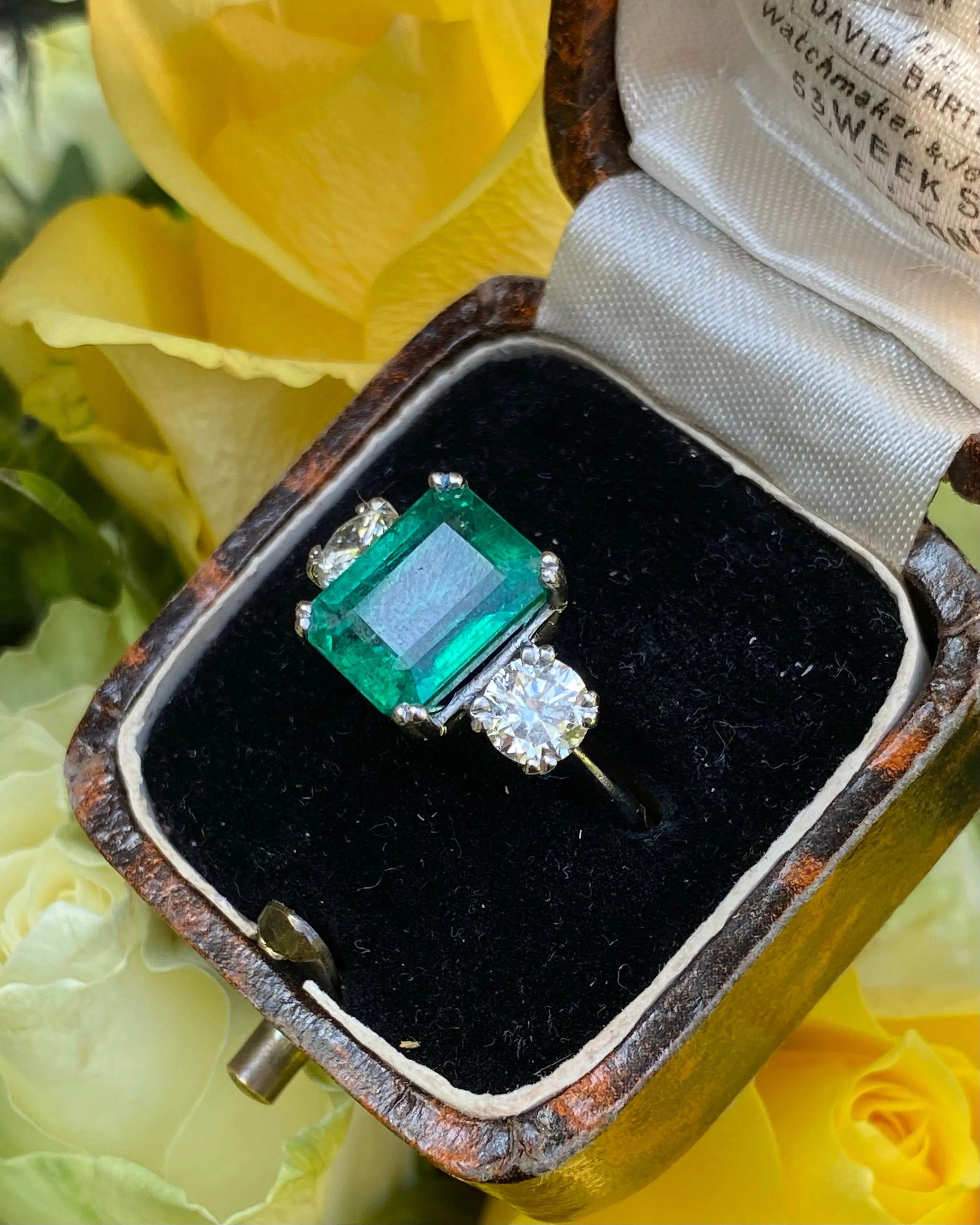 Emerald and Diamond Three Stone Platinum Ring 1.02ct   3.45ct