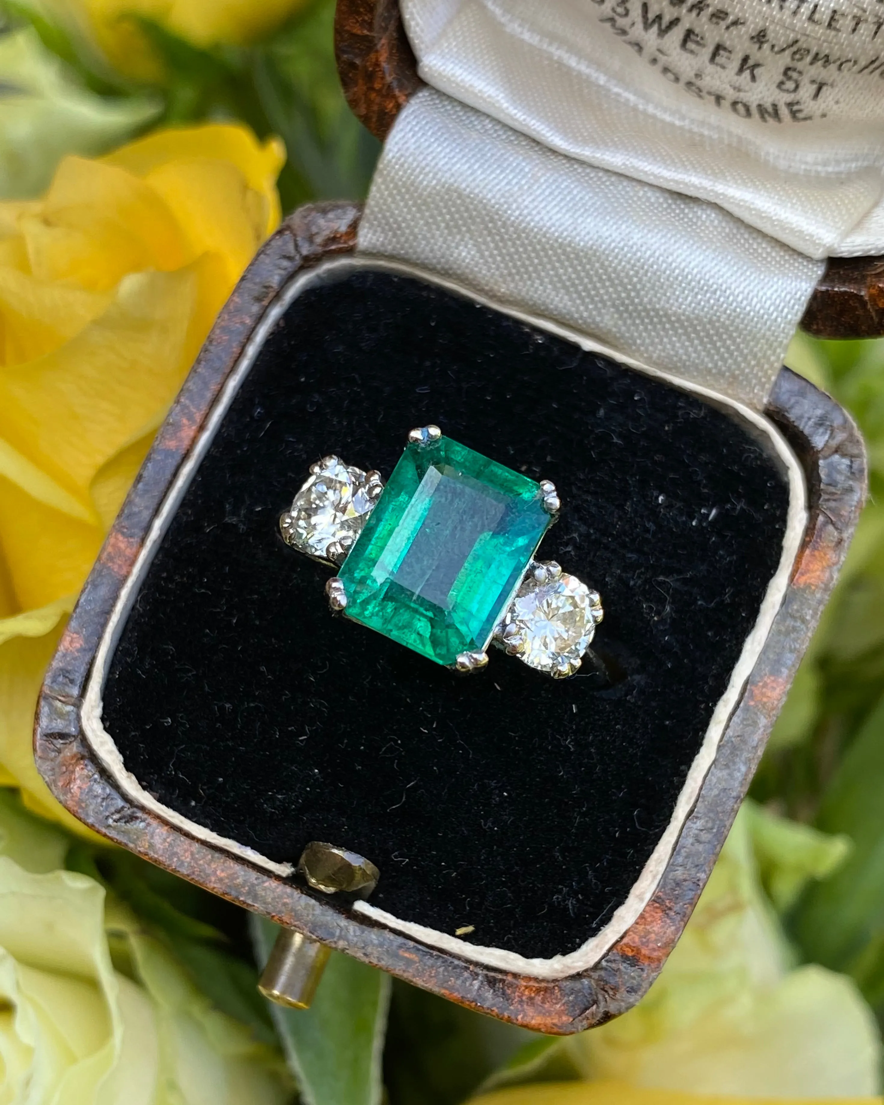 Emerald and Diamond Three Stone Platinum Ring 1.02ct   3.45ct