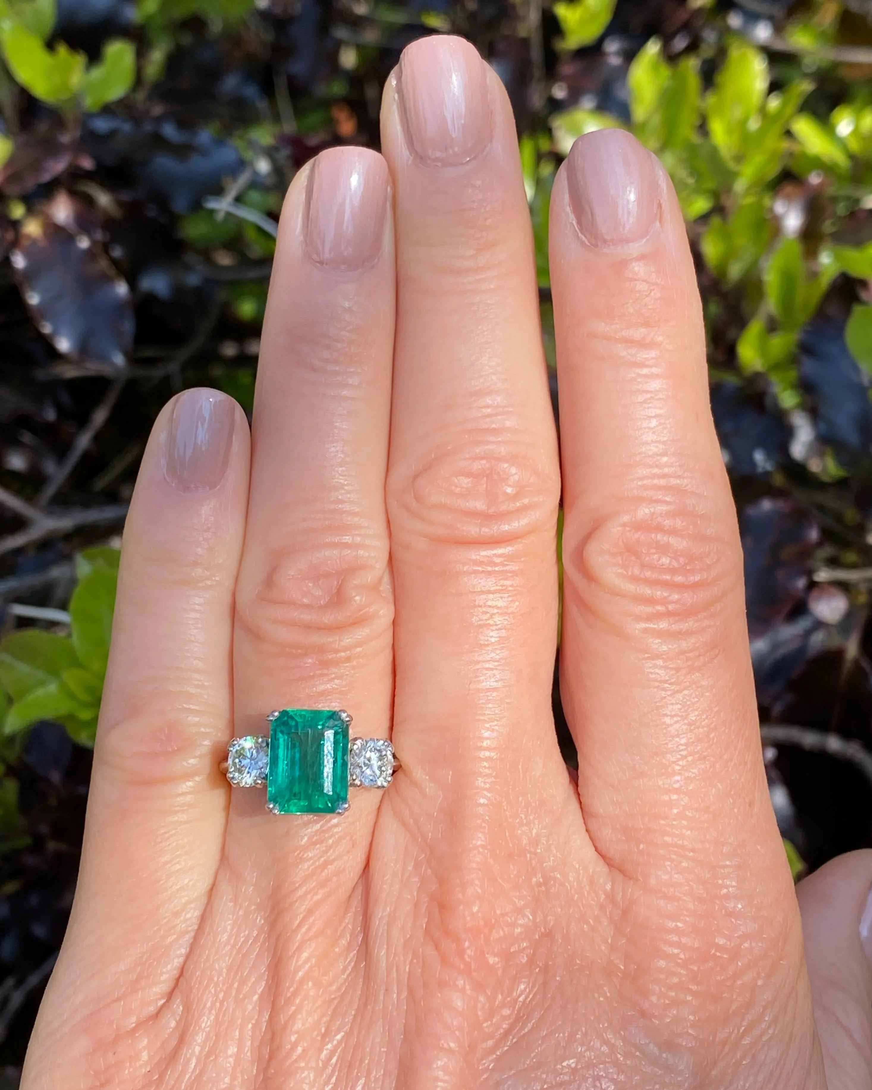 Emerald and Diamond Three Stone Platinum Ring 1.02ct   3.45ct