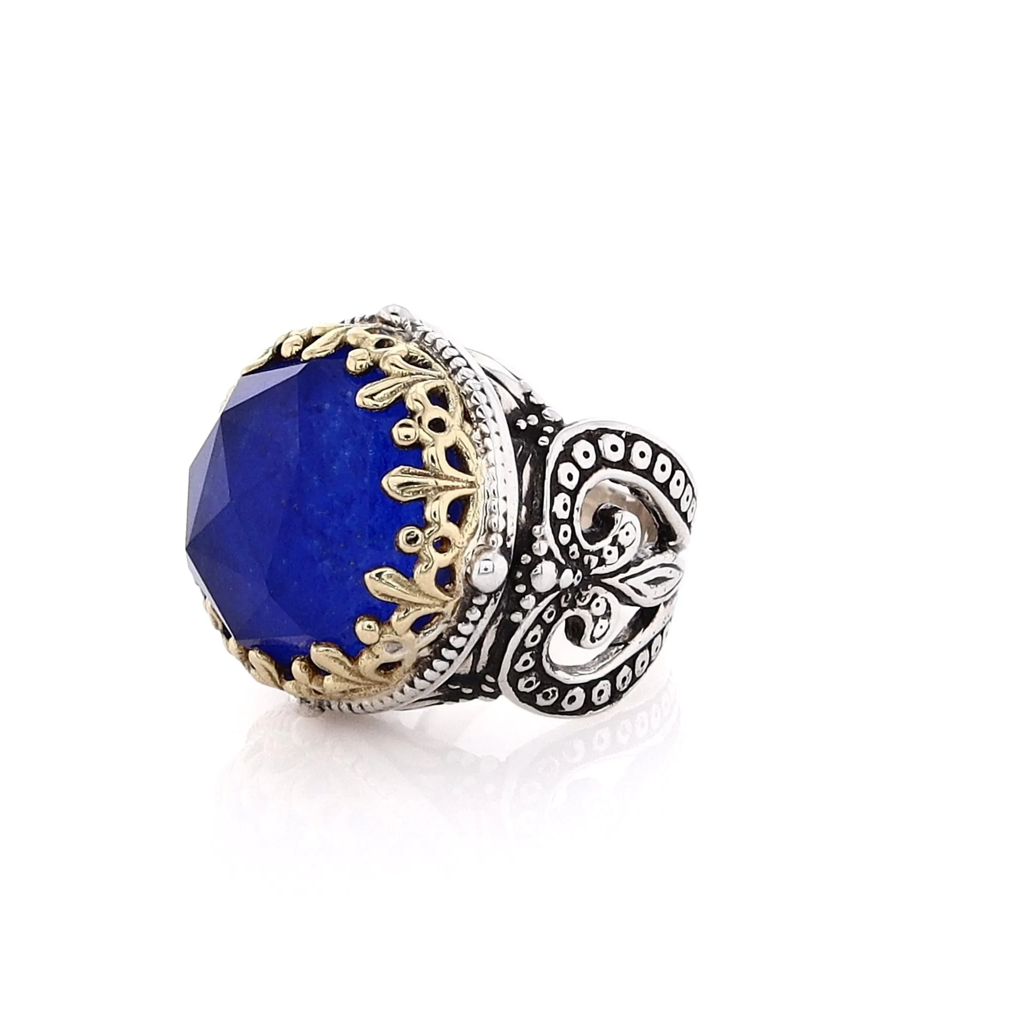 Estate Konstantino Sterling Silver and 18 Karat Yellow Gold Round Lapis Doublet Ring