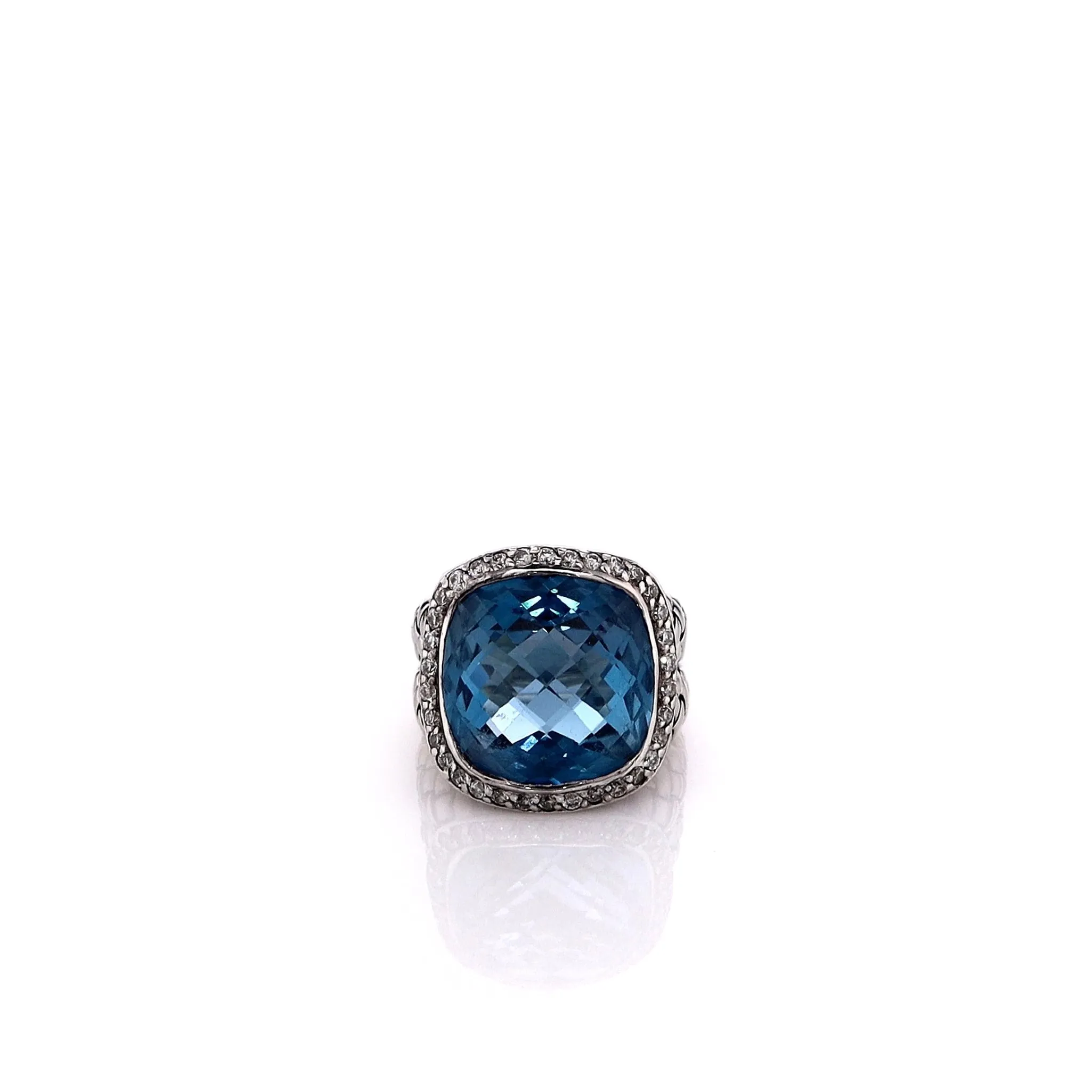 Estate Scott Kay Sterling Silver Blue Topaz and Diamond Ring