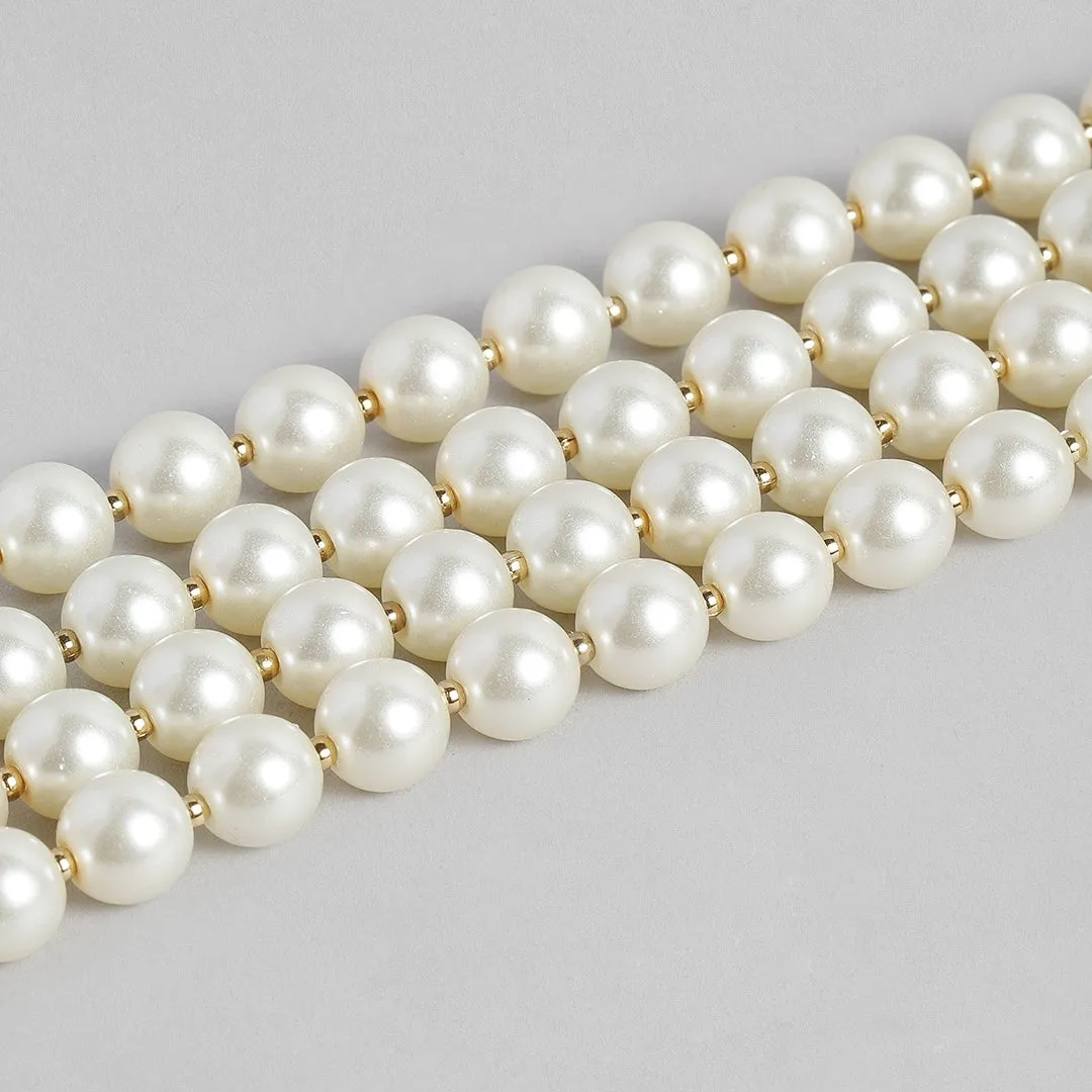 Estele Gold Plated Glowing Four Line White Pearl Bracelet for Girls & Women