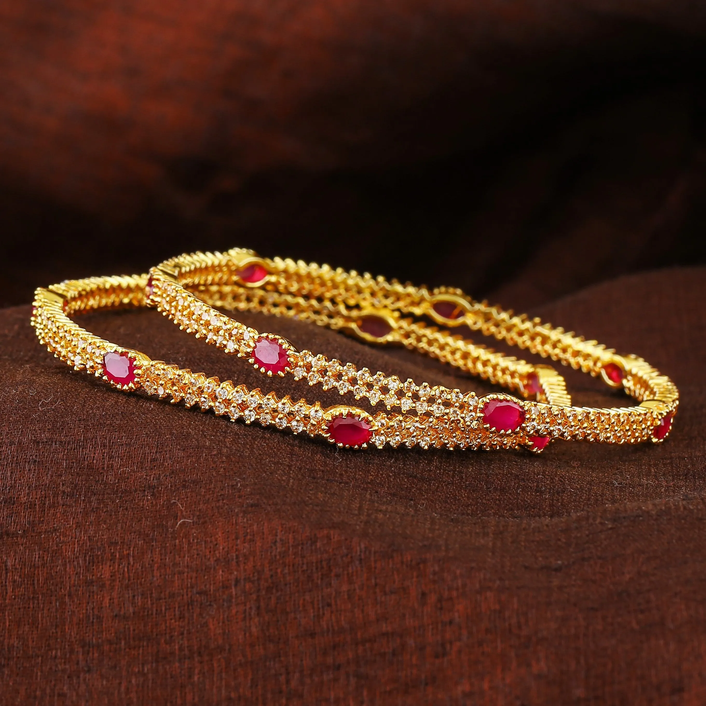 Estele Gold Plated Sparkling Ruby & White American Diamonds 2:6 Size Bangles| Modern & Graceful Jewelry for Women