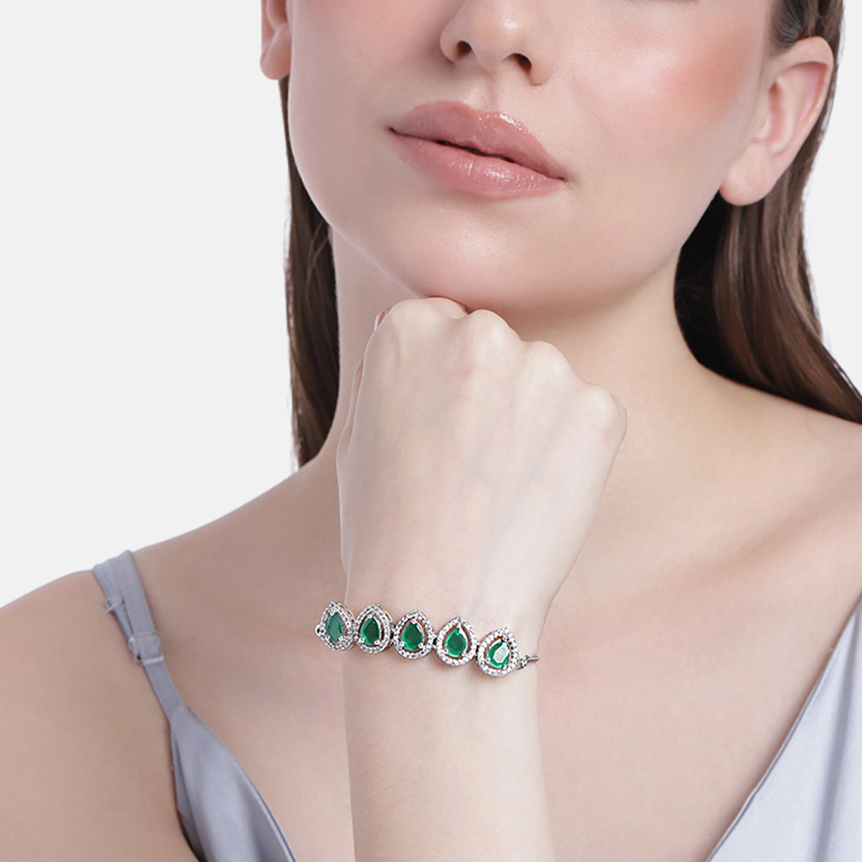 Estele Rhodium Plated CZ Precious Pears Bracelet with Emerald for Women