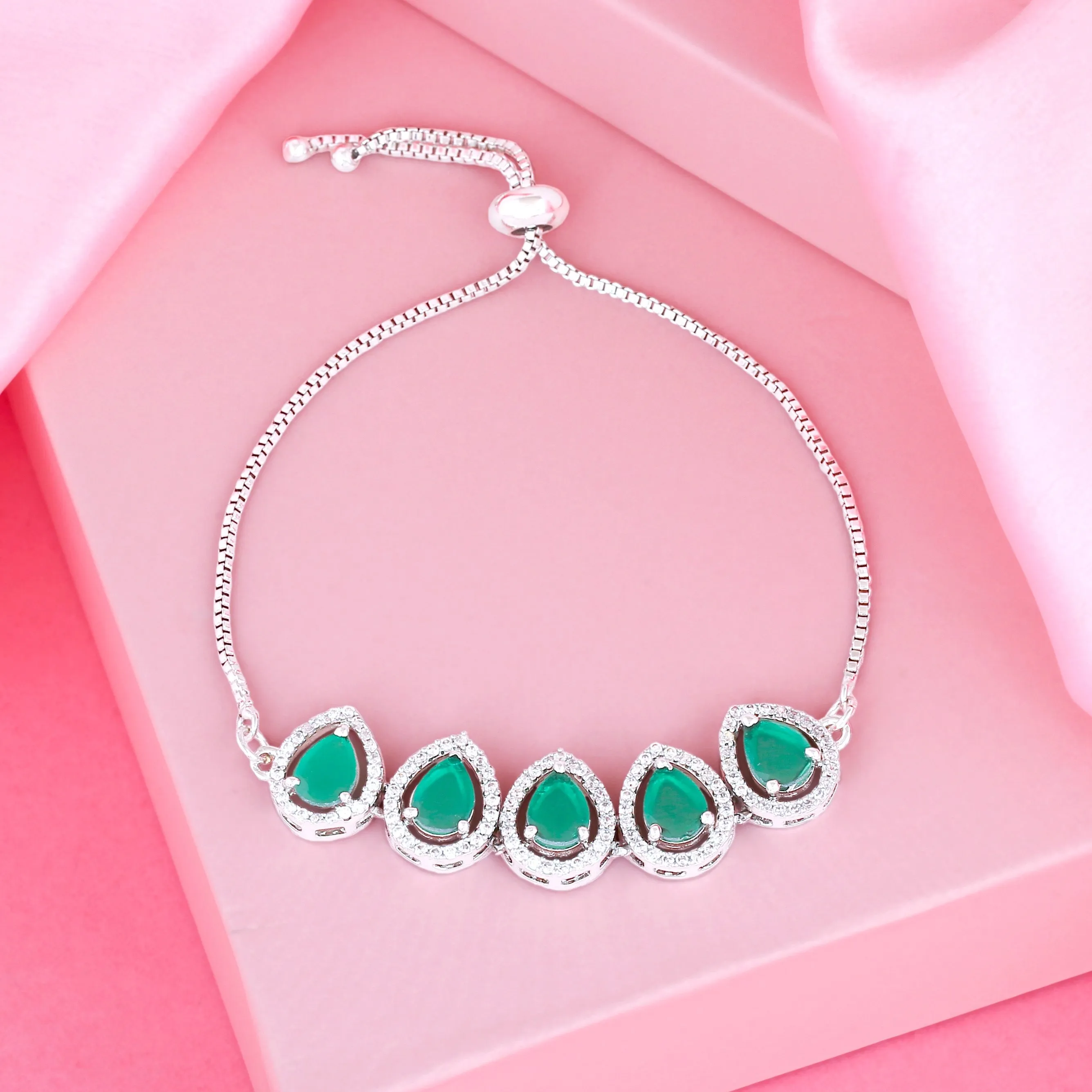 Estele Rhodium Plated CZ Precious Pears Bracelet with Emerald for Women