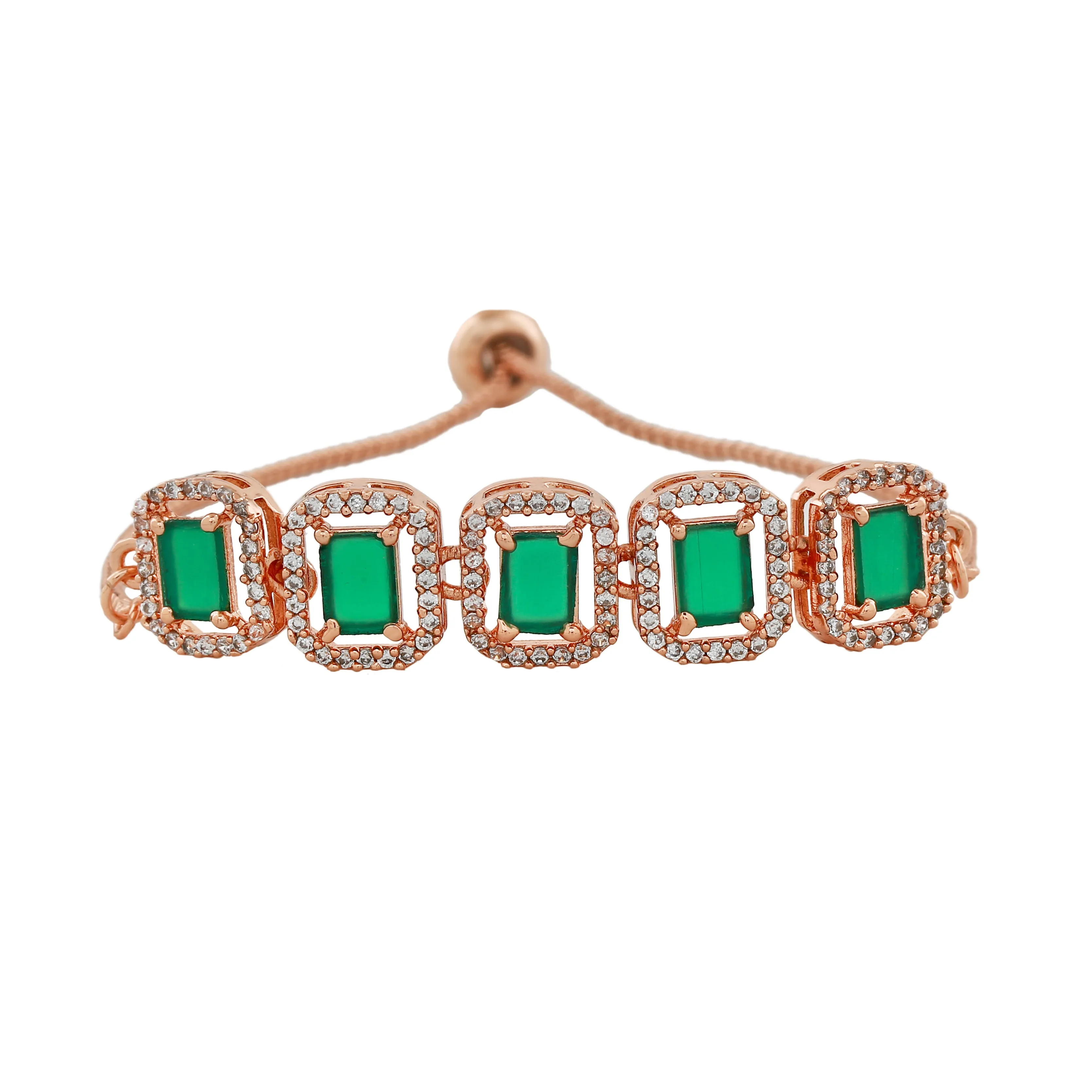 Estele Rose Gold Plated CZ Ossum Octagon Bracelet with Green Crystals for Women