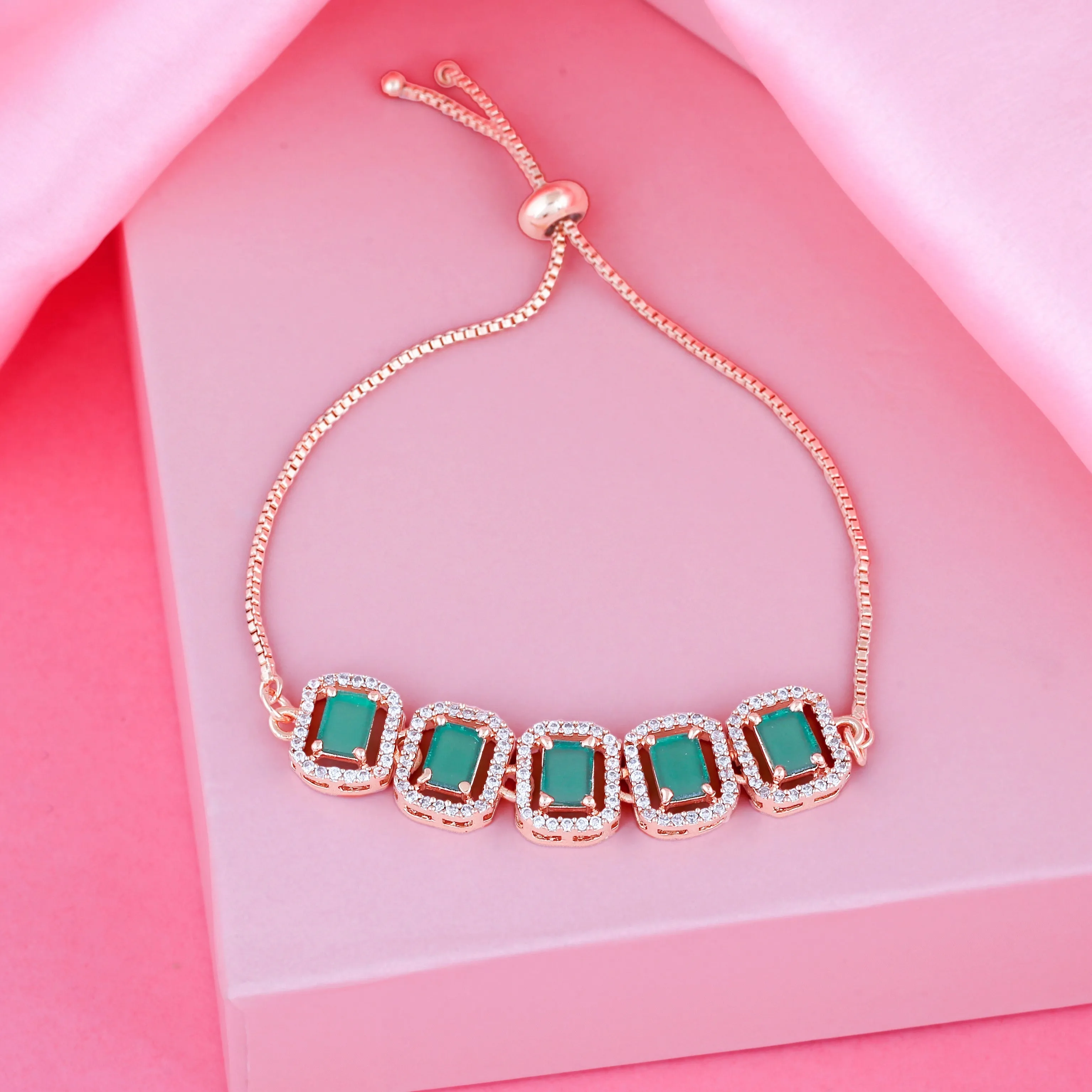 Estele Rose Gold Plated CZ Ossum Octagon Bracelet with Green Crystals for Women