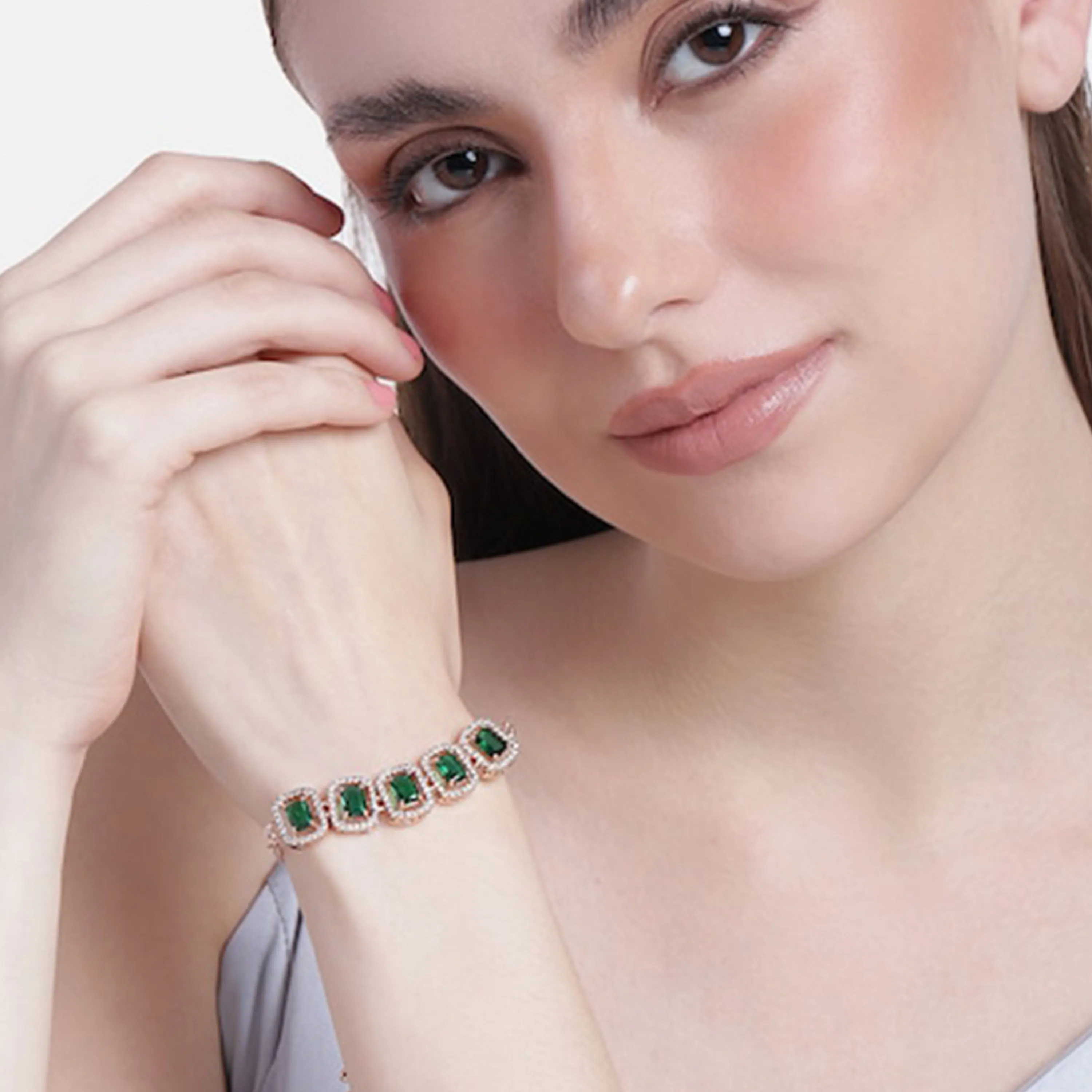 Estele Rose Gold Plated CZ Ossum Octagon Bracelet with Green Crystals for Women